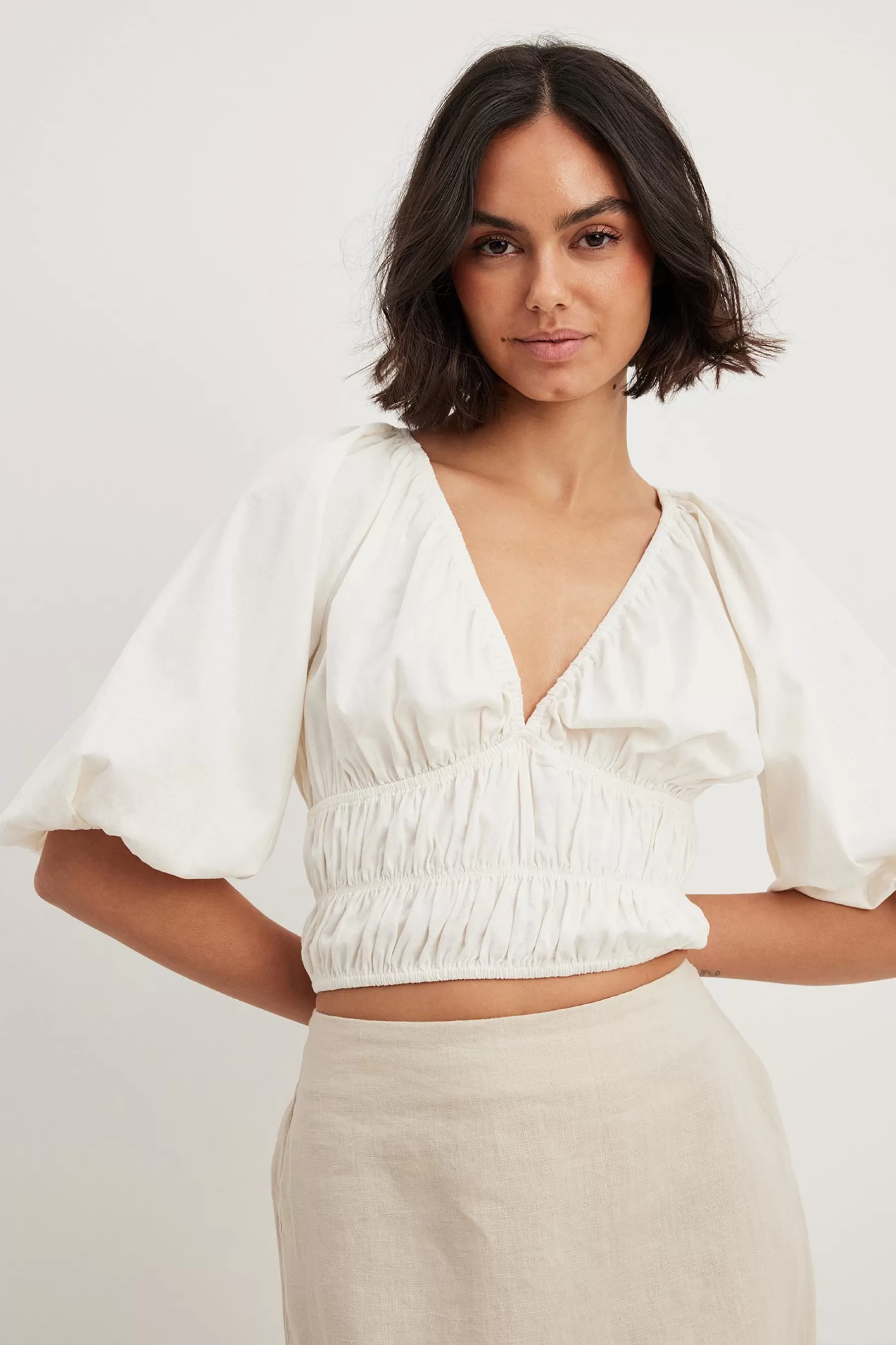 NA-KD Linen Blend Tie Front Puff Sleeve Top White