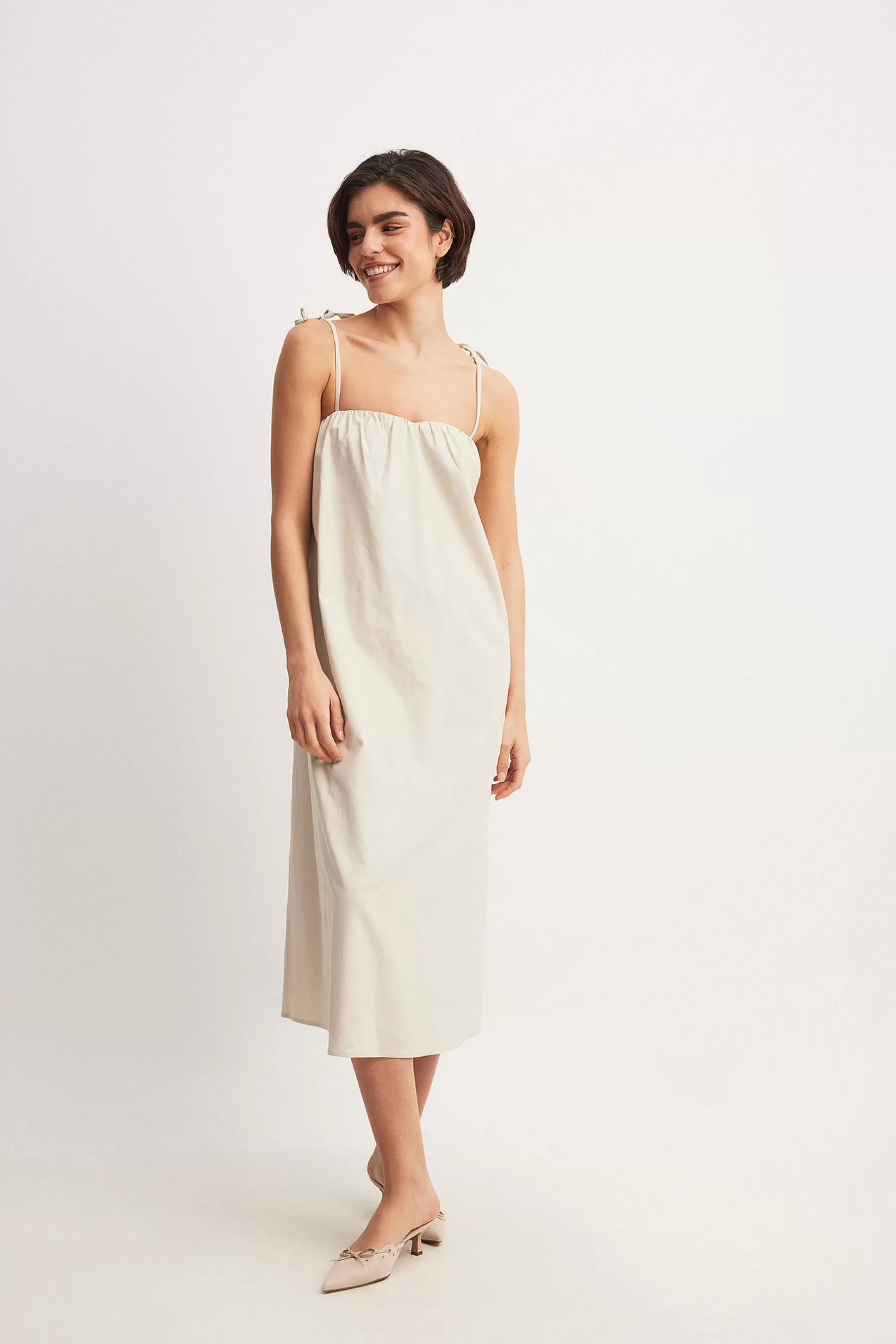 NA-KD Linen Blend Tie Strap Midi Dress Beige