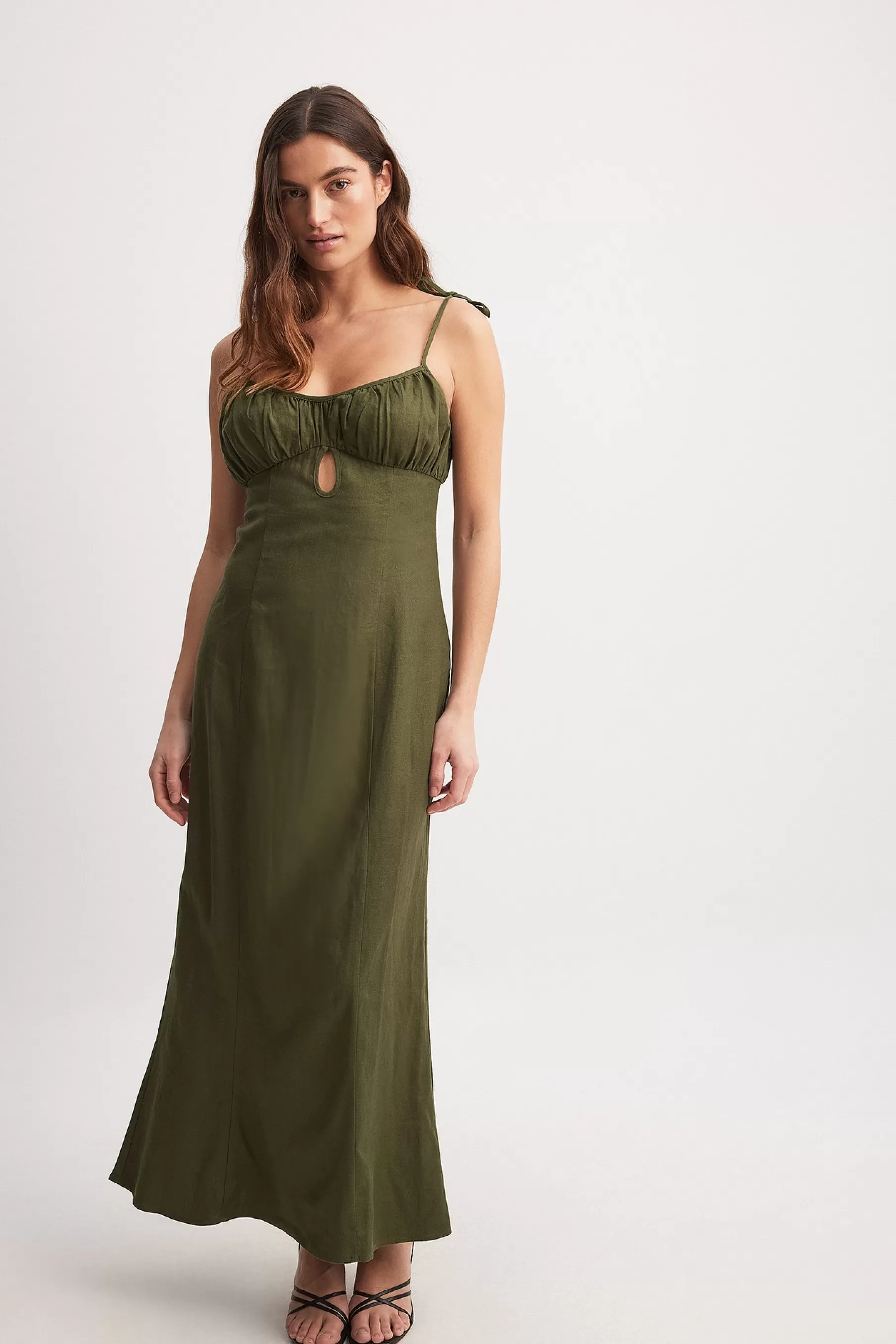 NA-KD Linen Blend Tie Straps Midi Dress Green