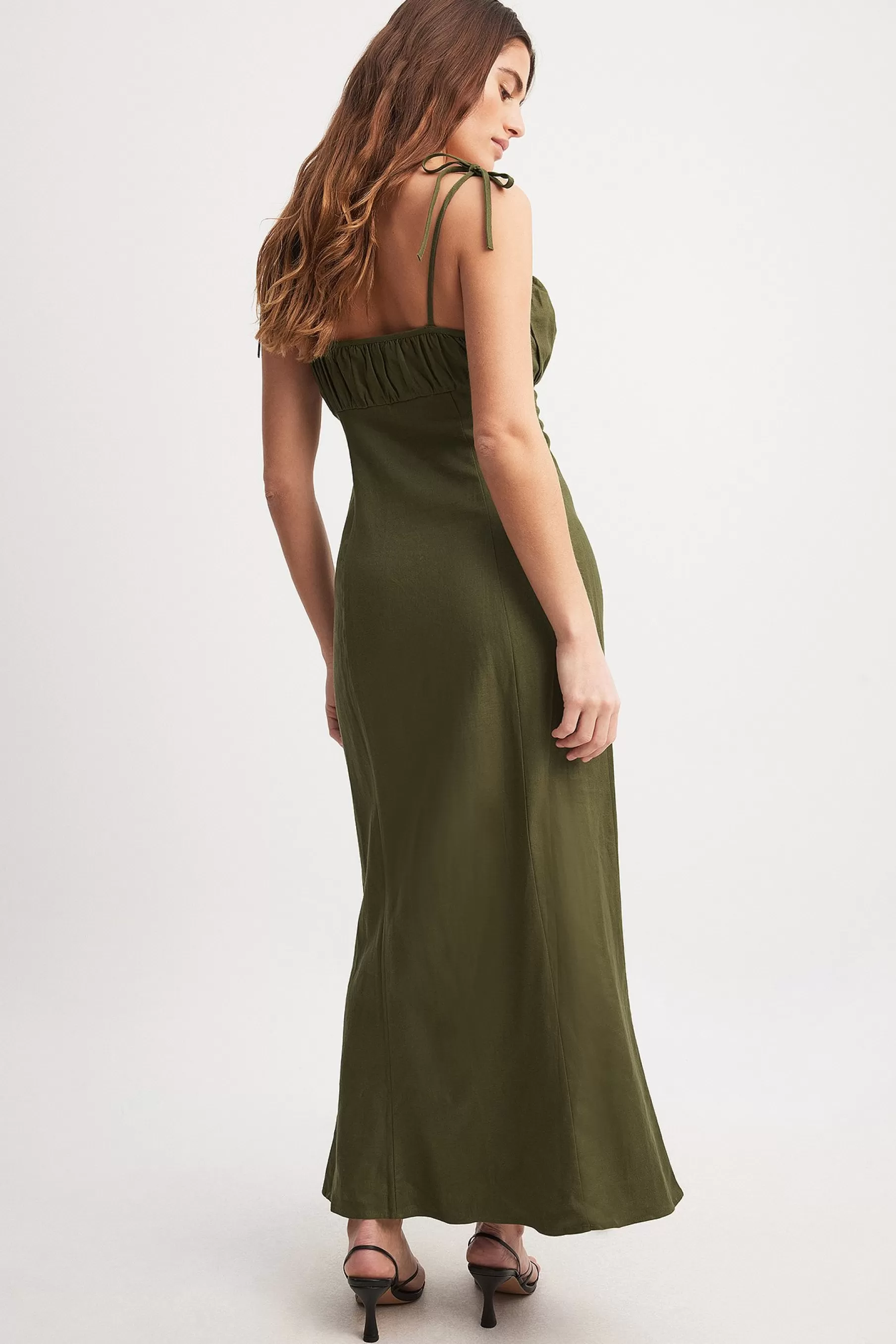 NA-KD Linen Blend Tie Straps Midi Dress Green