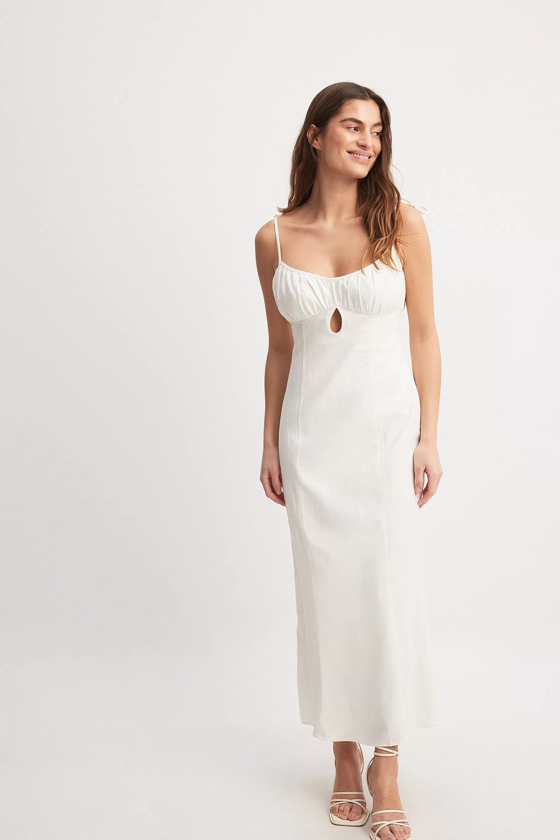 NA-KD Linen Blend Tie Straps Midi Dress Offwhite