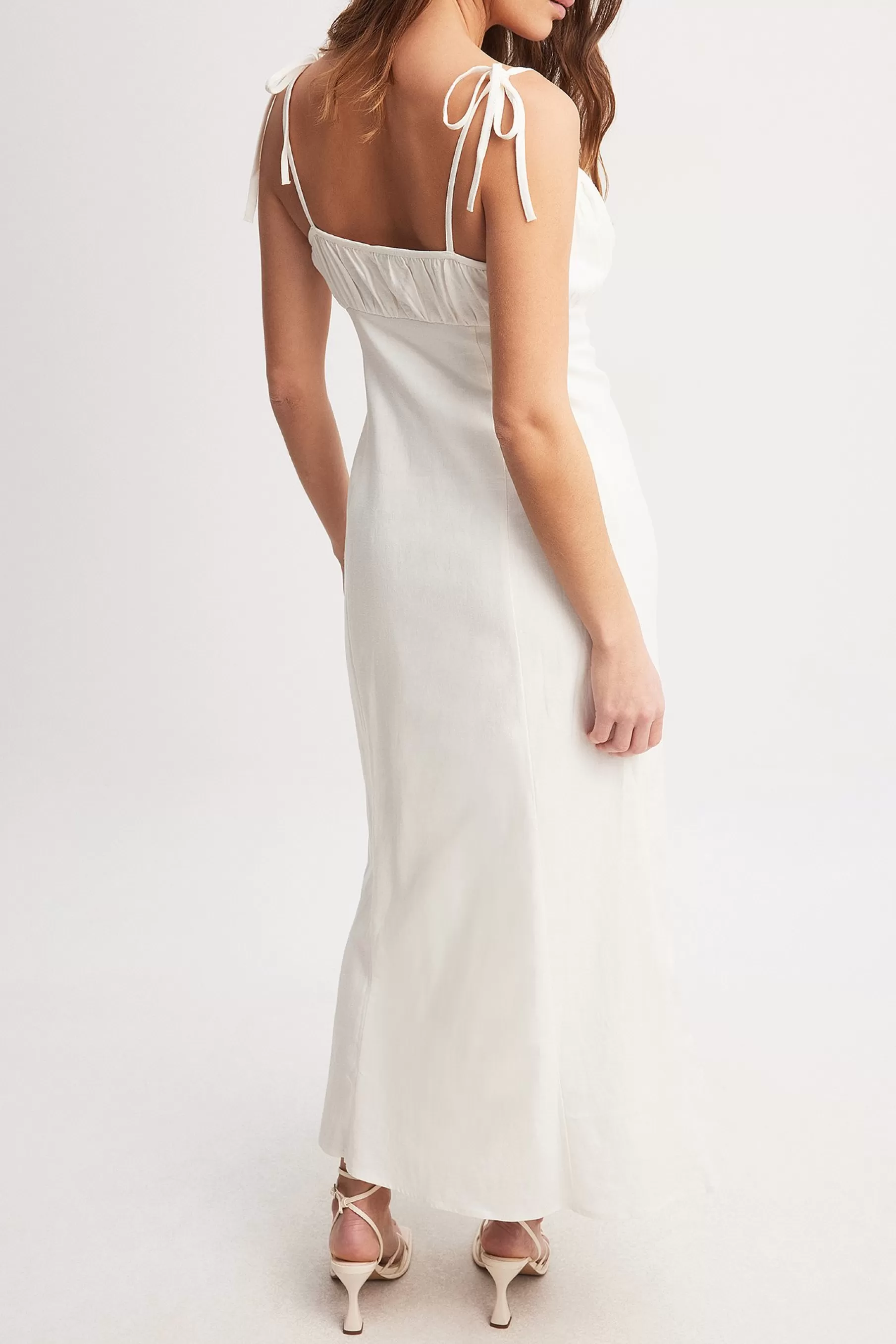 NA-KD Linen Blend Tie Straps Midi Dress Offwhite