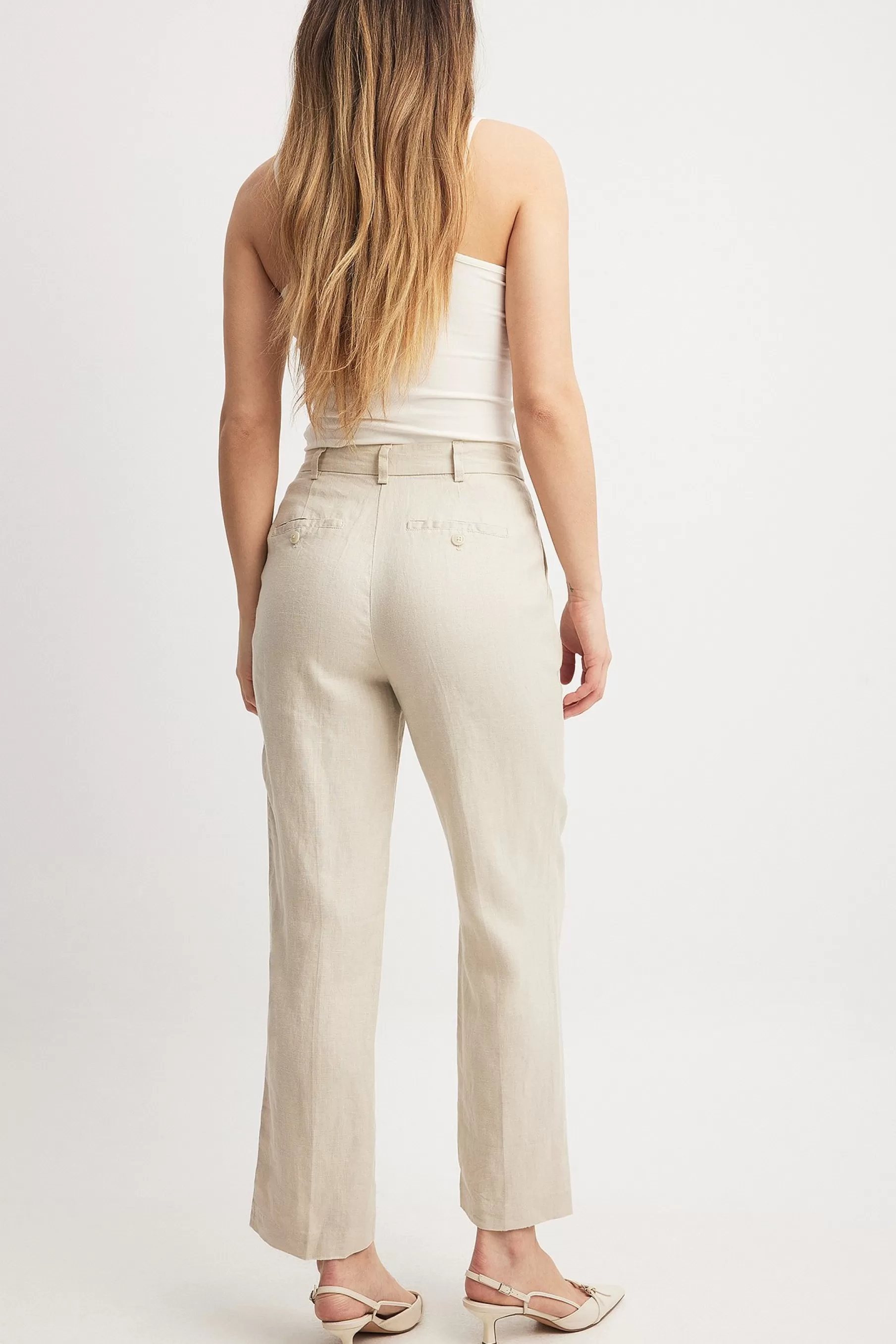 NA-KD Linen Cropped Pants Beige