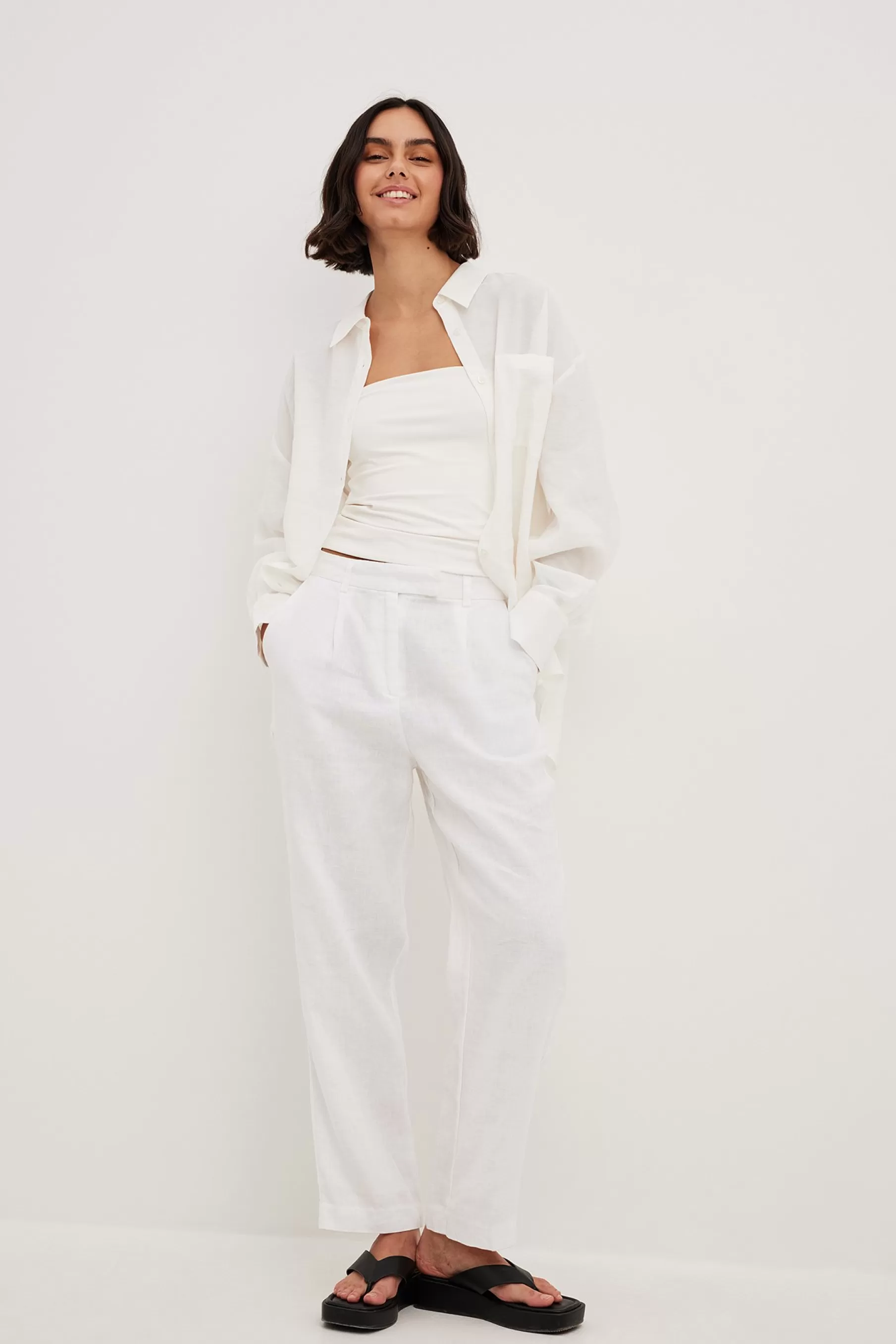 NA-KD Linen Cropped Pants White