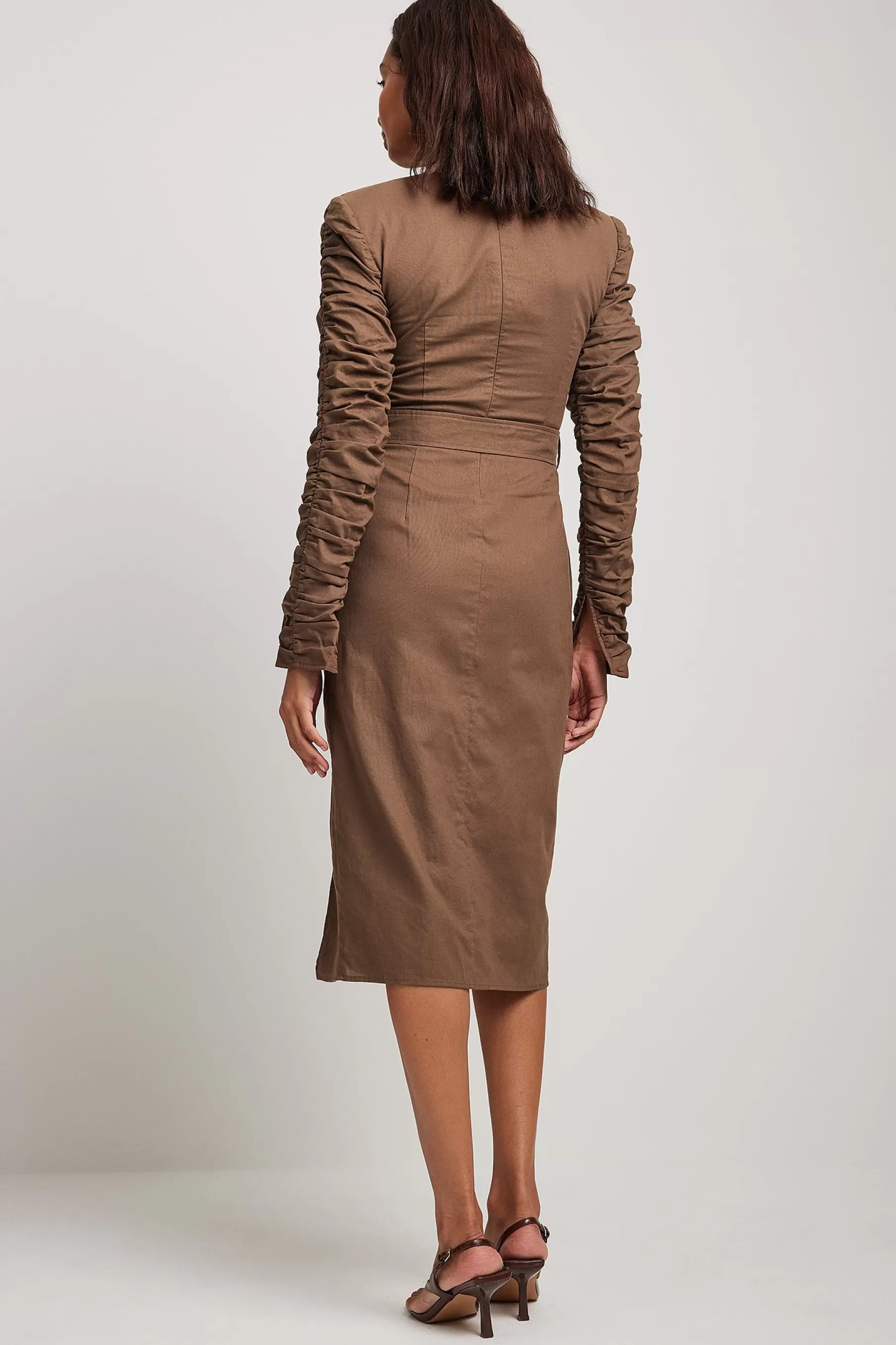 NA-KD Linen Gatherings Midi Dress Brown