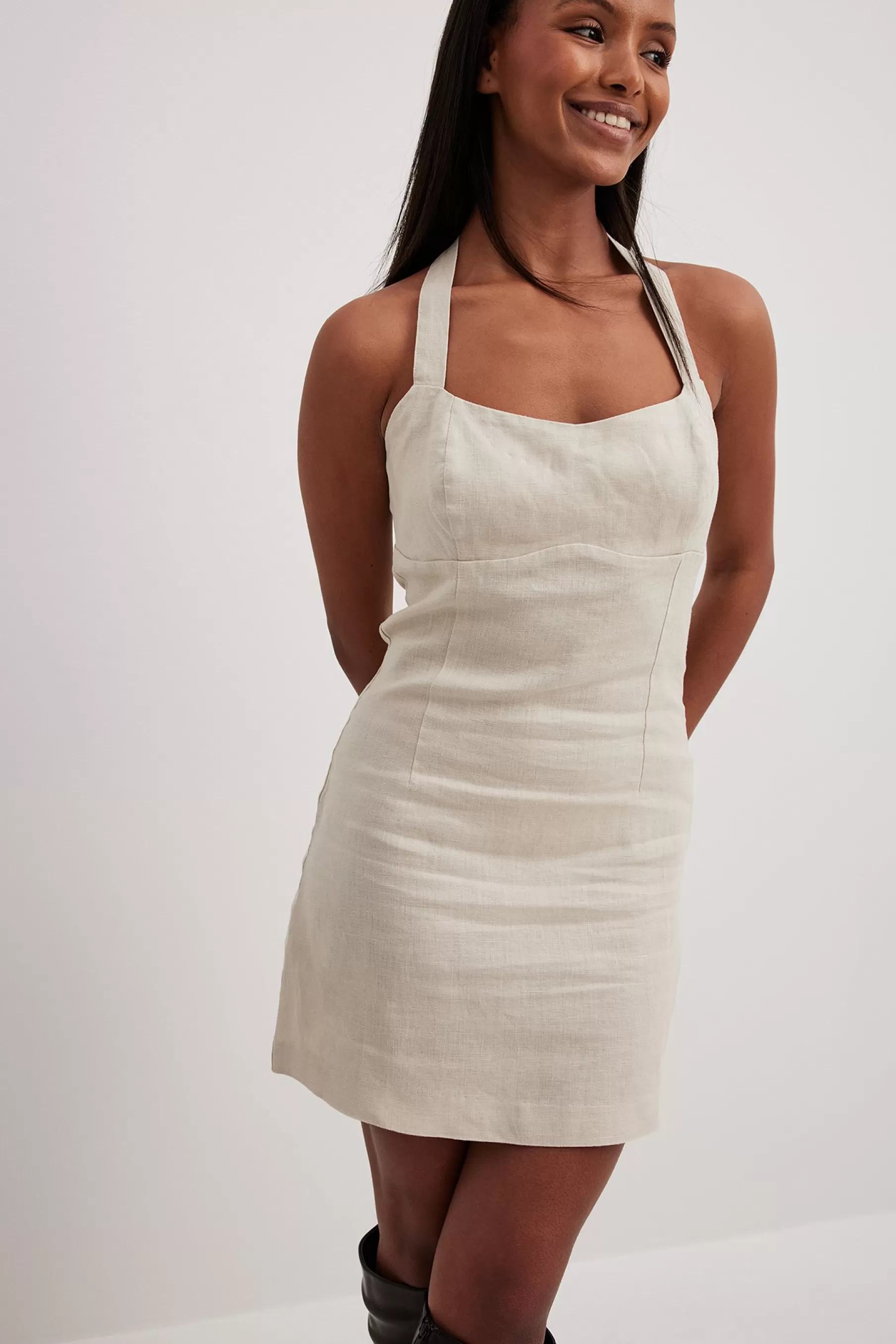 NA-KD Linen Mini Dress Beige