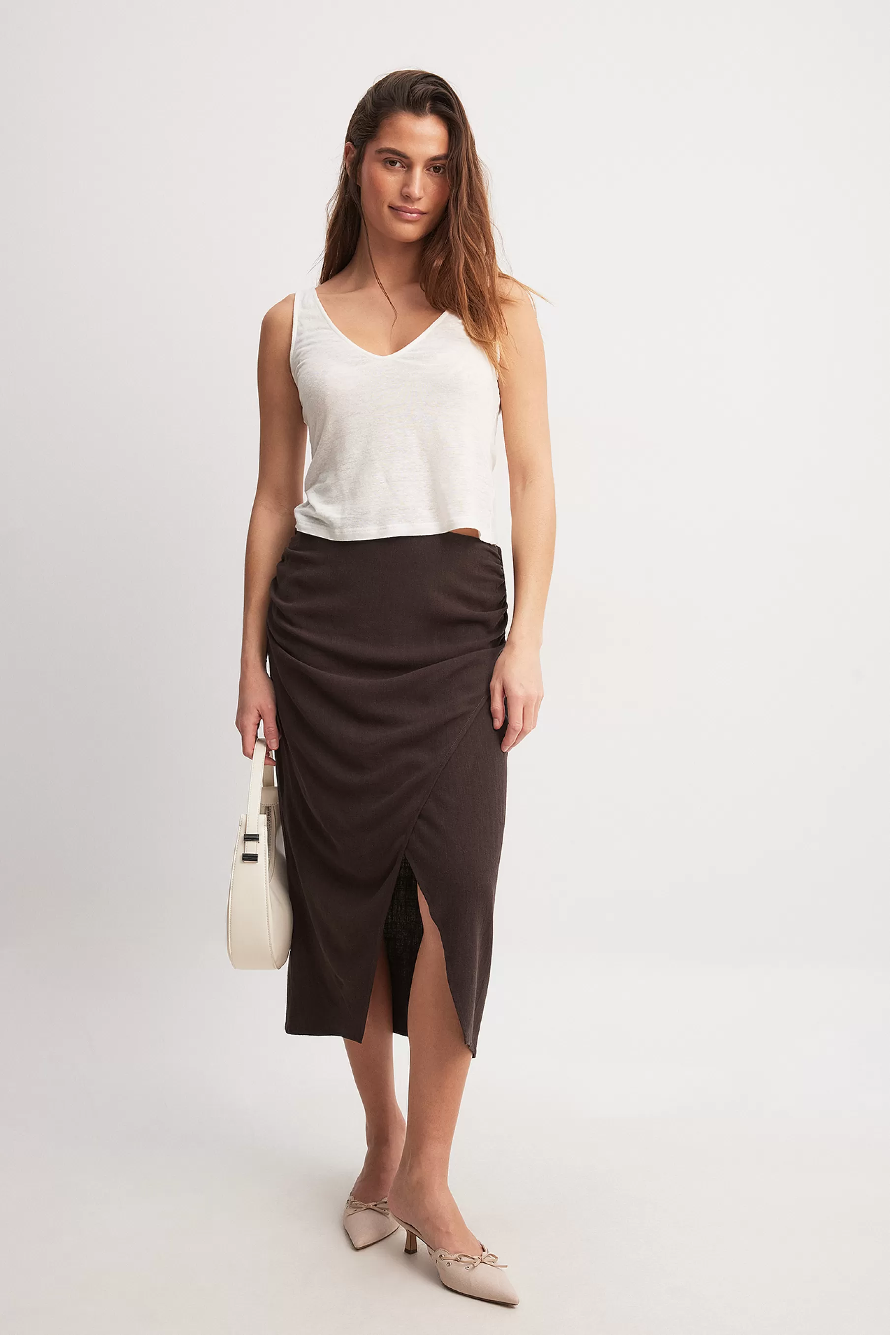 NA-KD Linen Mix Midi Skirt Brown