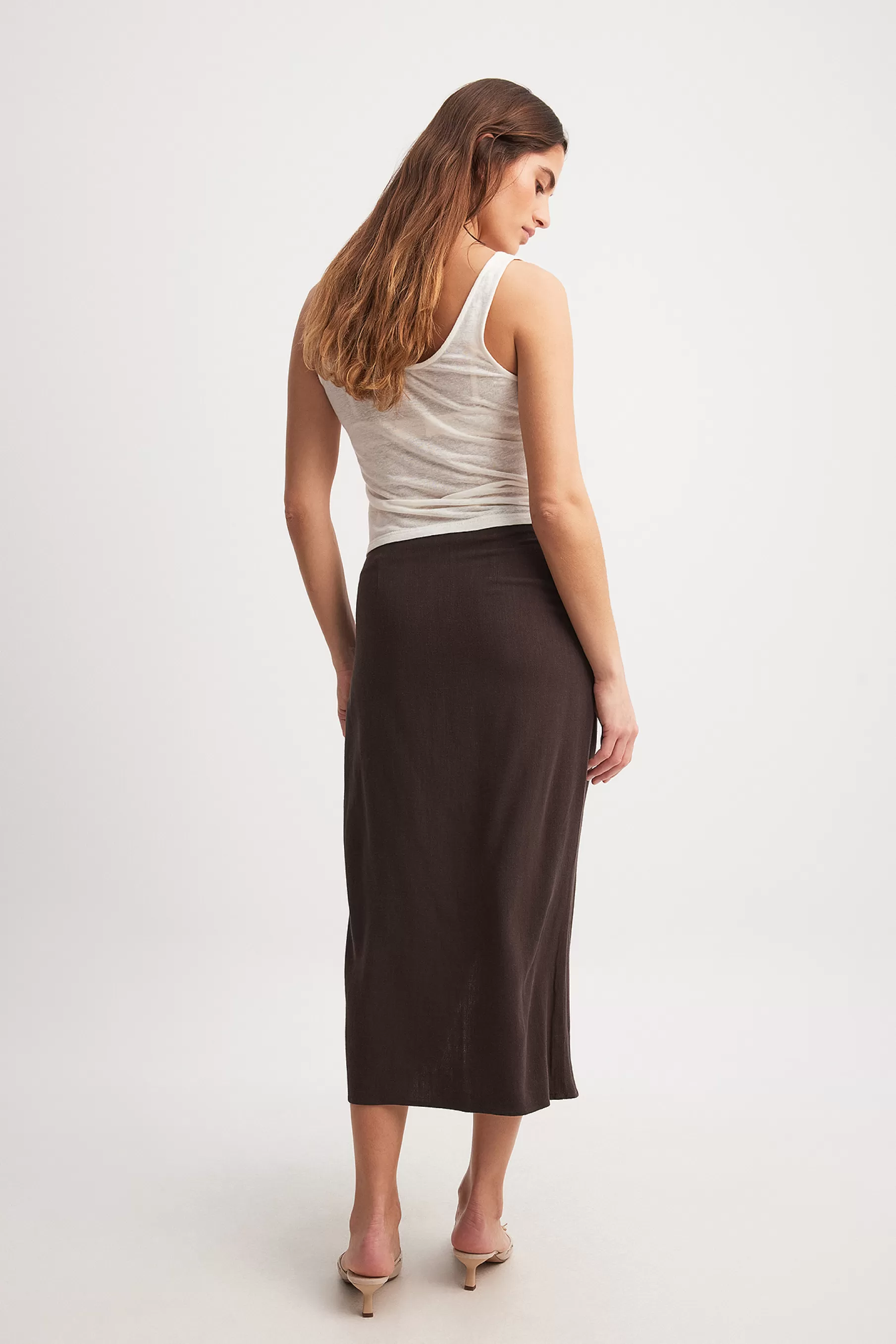 NA-KD Linen Mix Midi Skirt Brown