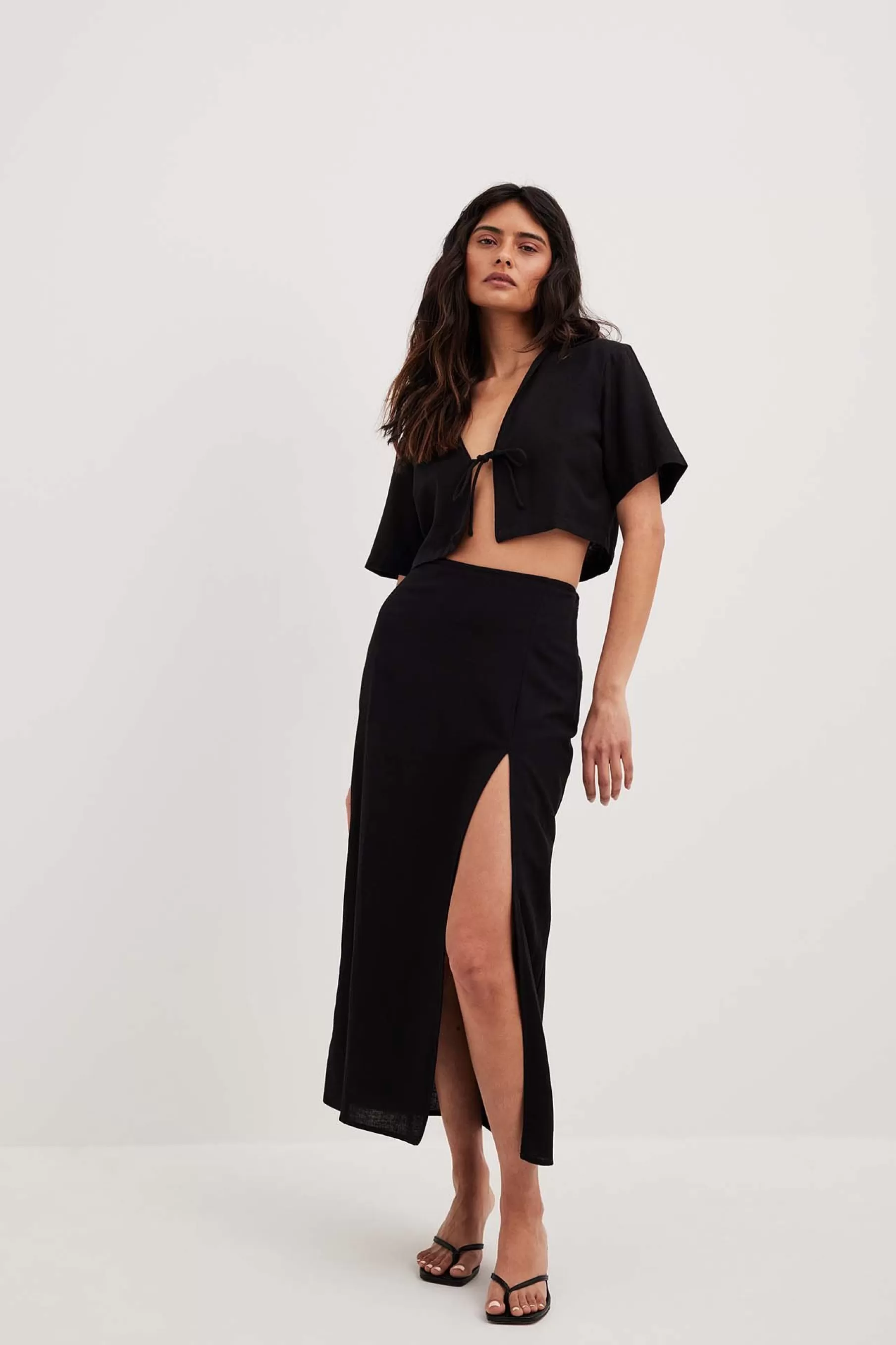 NA-KD Linen Mix Slit Detail Midi Skirt Black