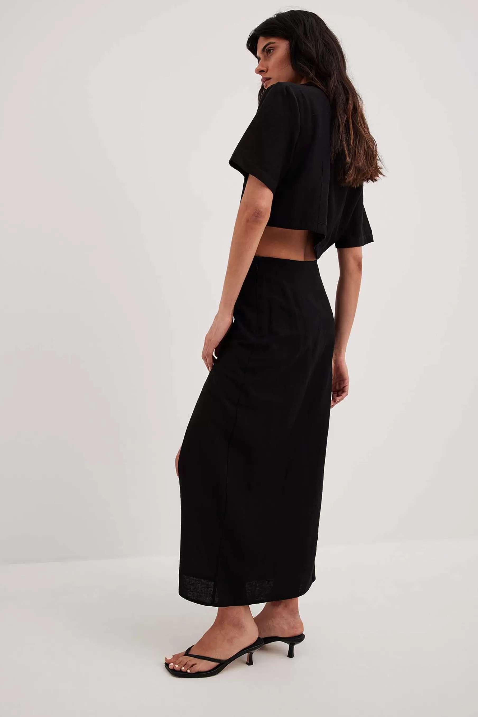 NA-KD Linen Mix Slit Detail Midi Skirt Black