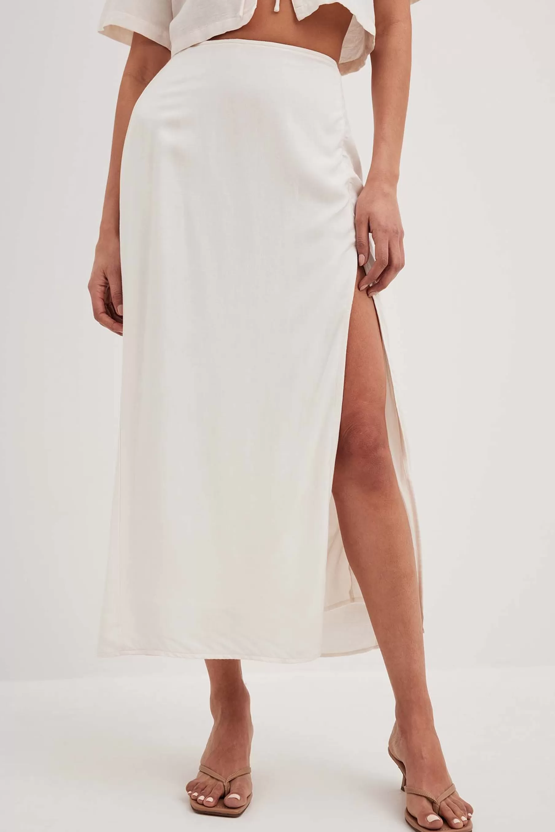 NA-KD Linen Mix Slit Detail Midi Skirt Offwhite