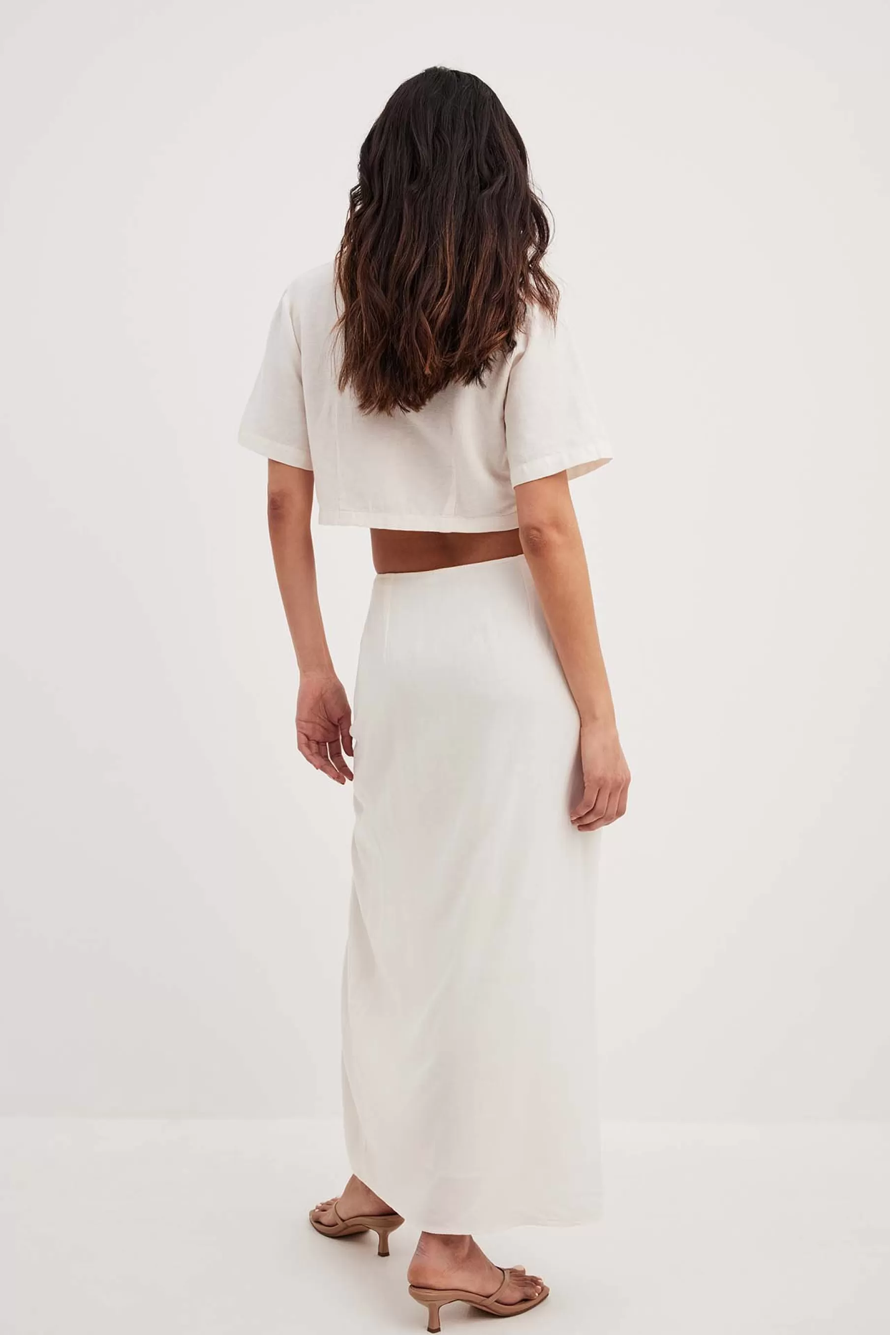 NA-KD Linen Mix Slit Detail Midi Skirt Offwhite