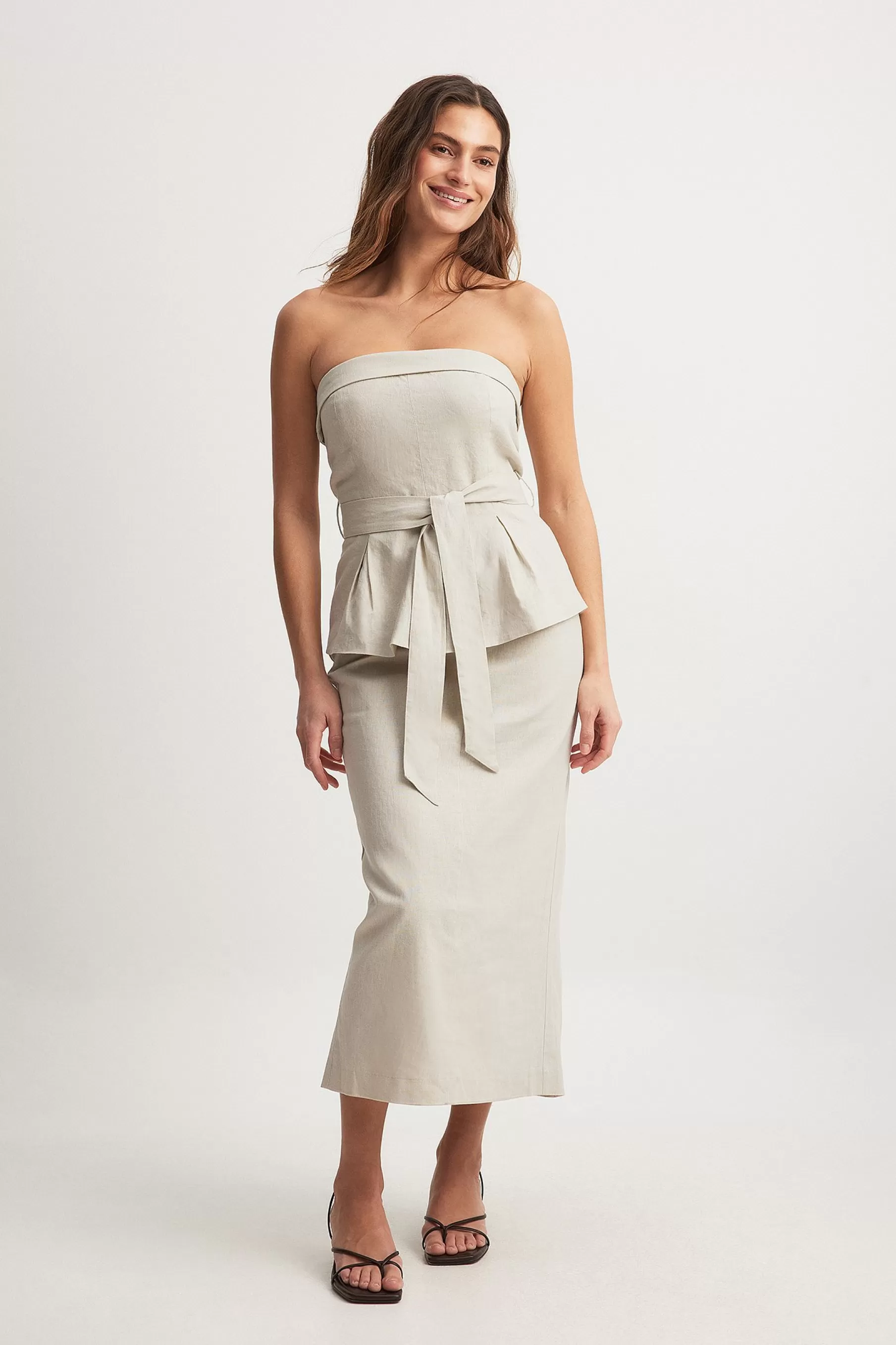 NA-KD Linen Pencil Midi Skirt Beige