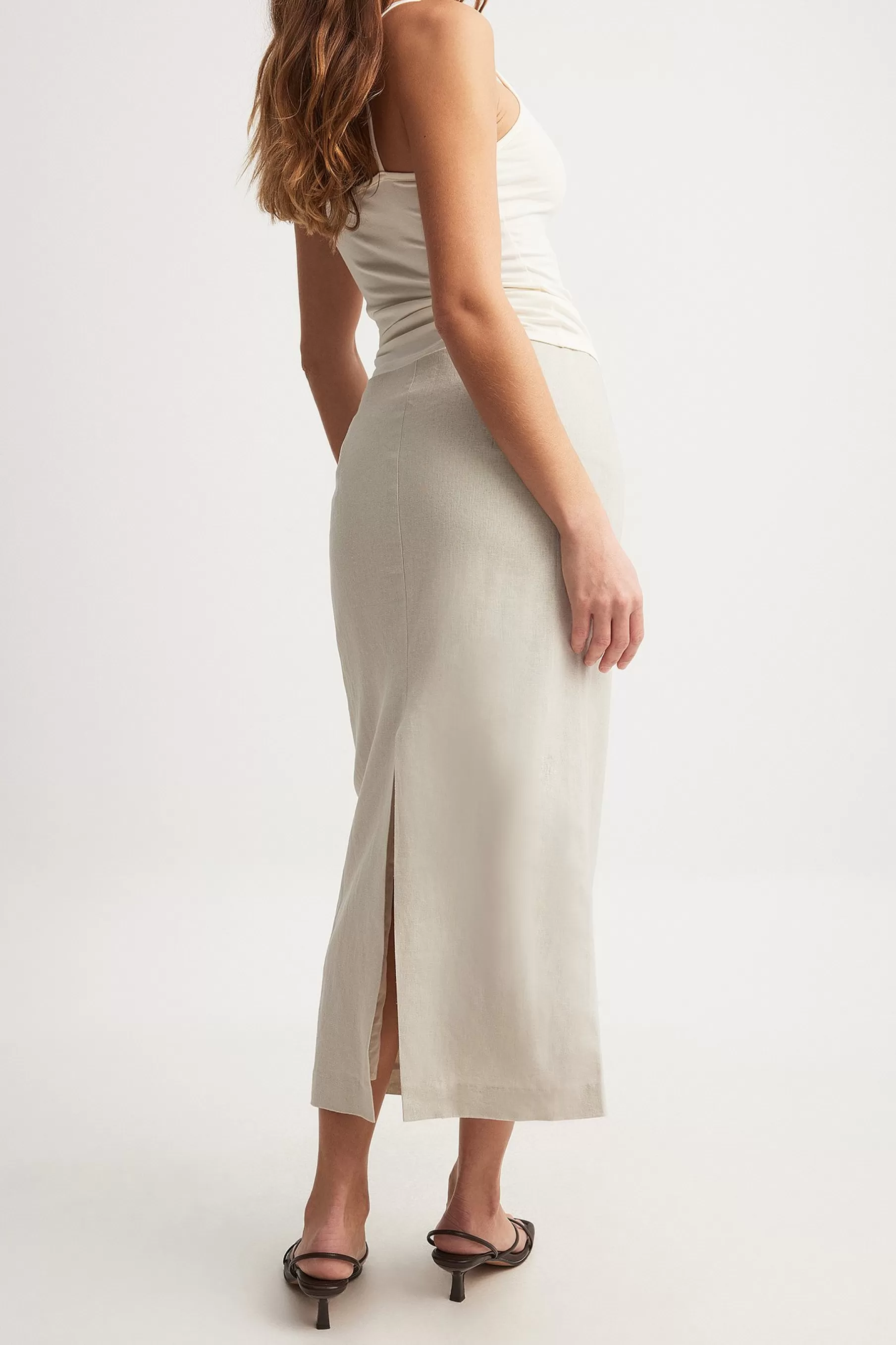 NA-KD Linen Pencil Midi Skirt Beige