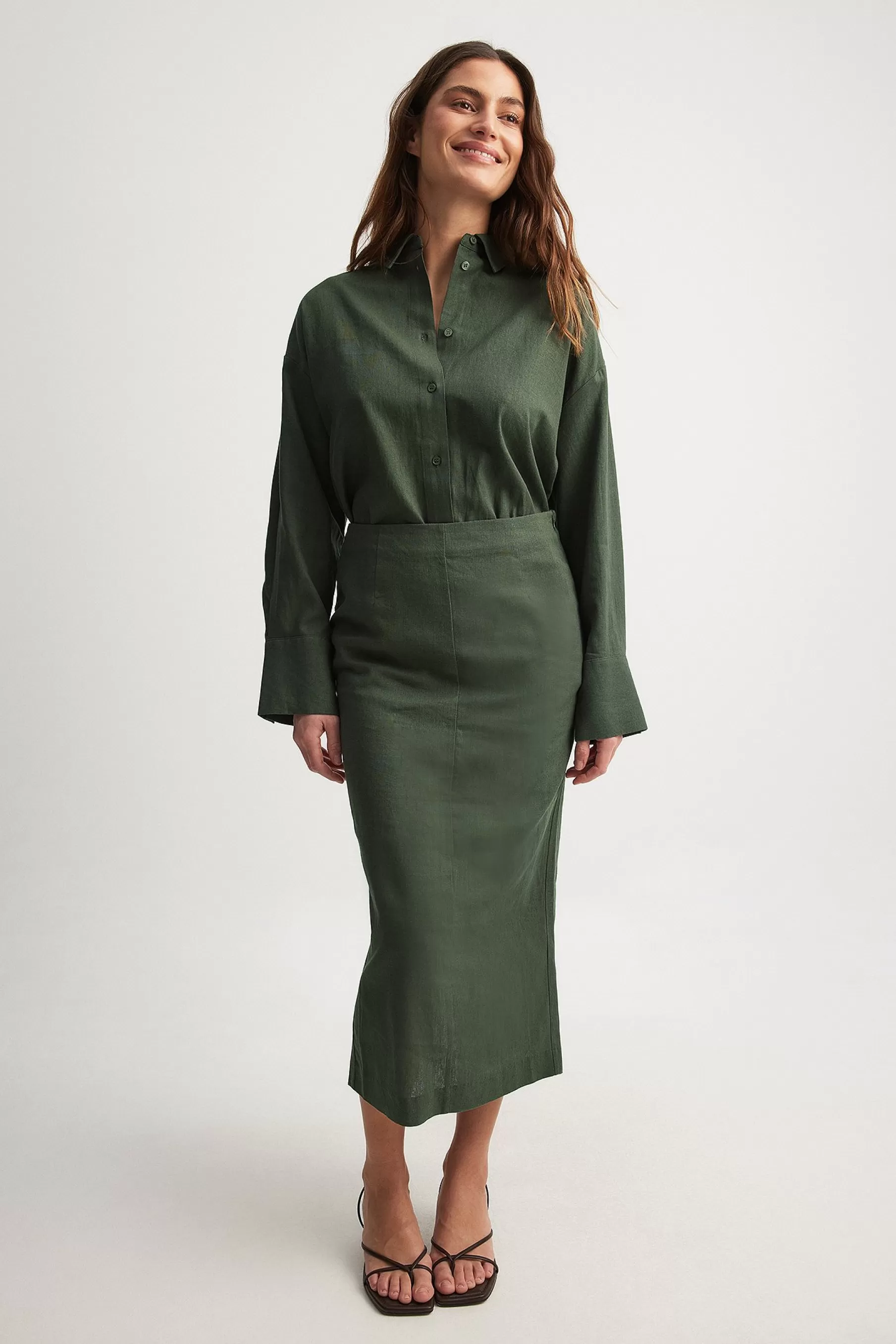 NA-KD Linen Pencil Midi Skirt Green