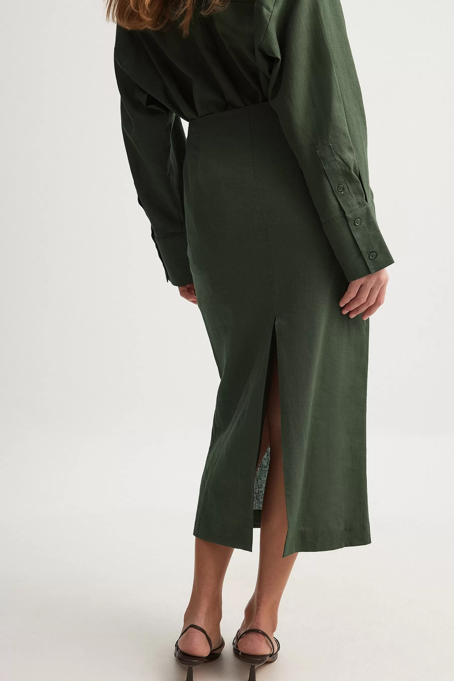 NA-KD Linen Pencil Midi Skirt Green