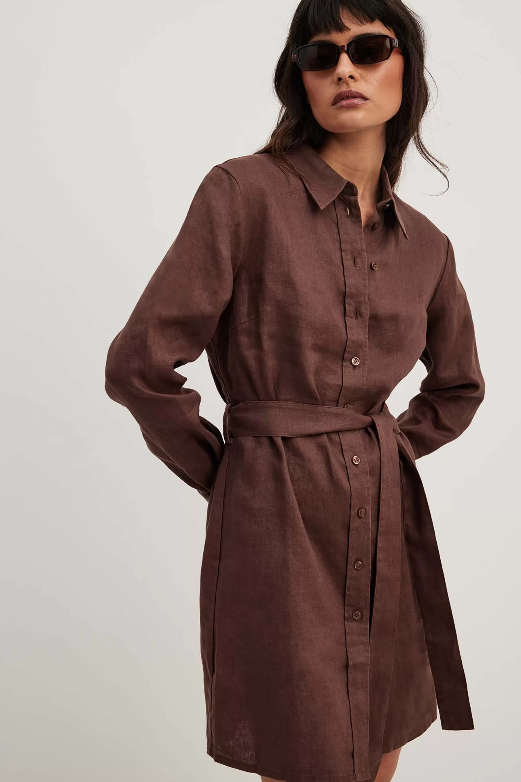 NA-KD Linen Shirt Mini Dress Brown