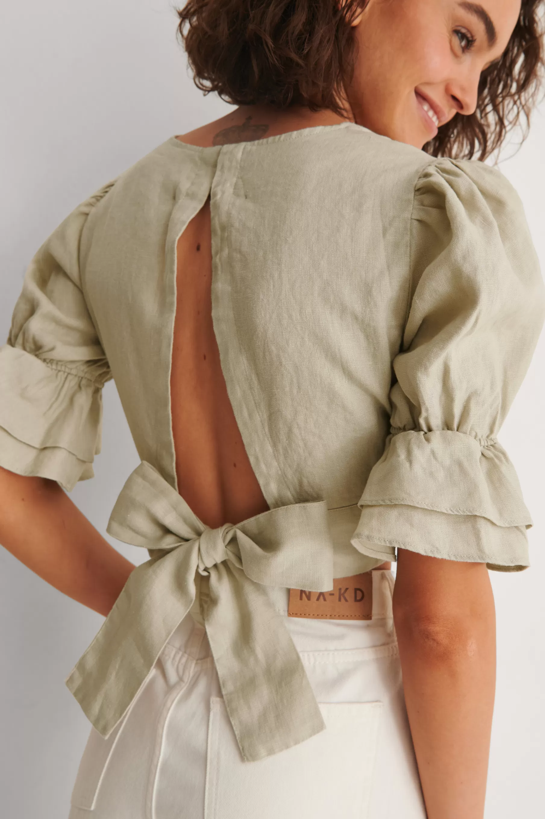 NA-KD Linen Tie Back Top Beige