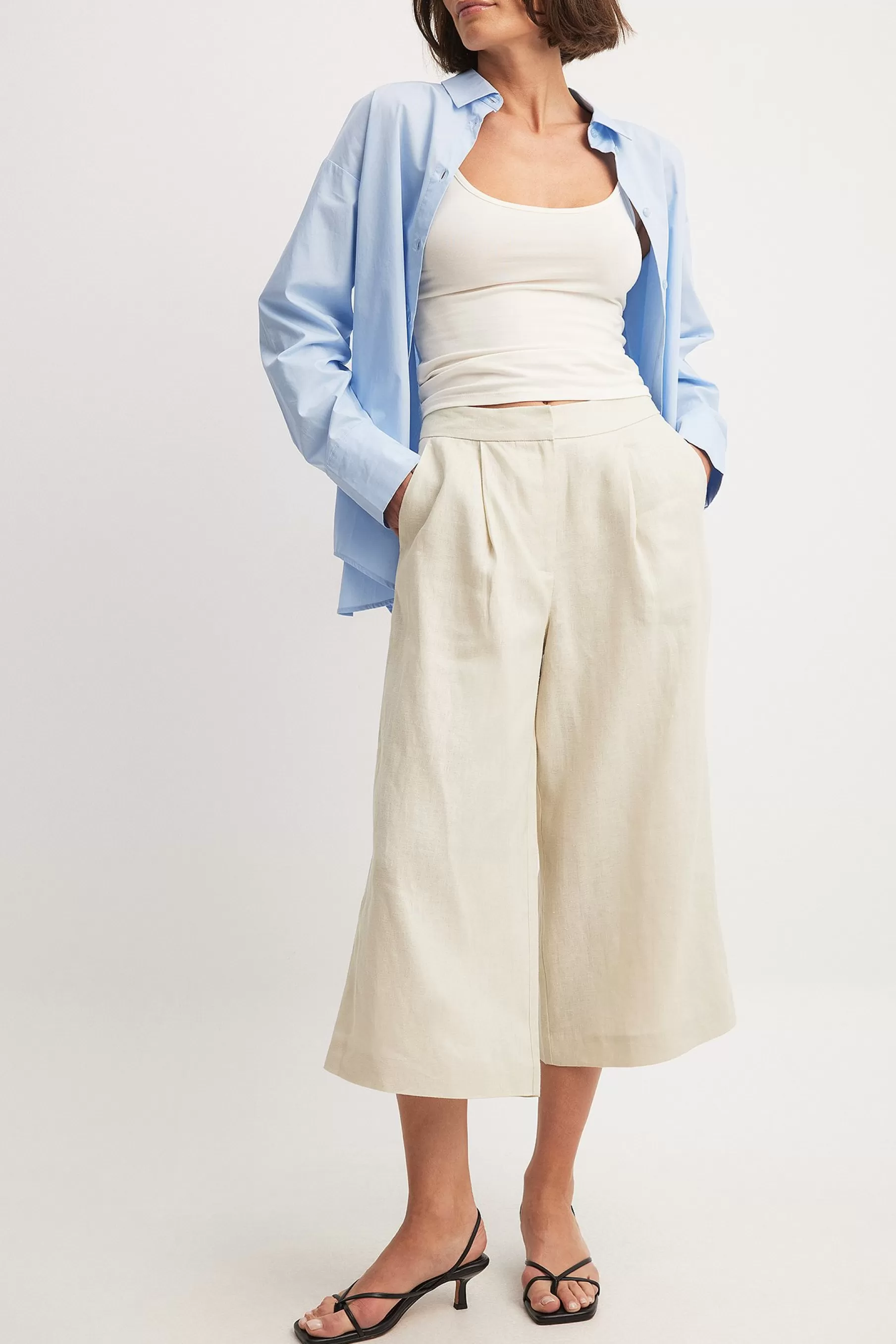 NA-KD Linen Wide High Waist Culottes Beige