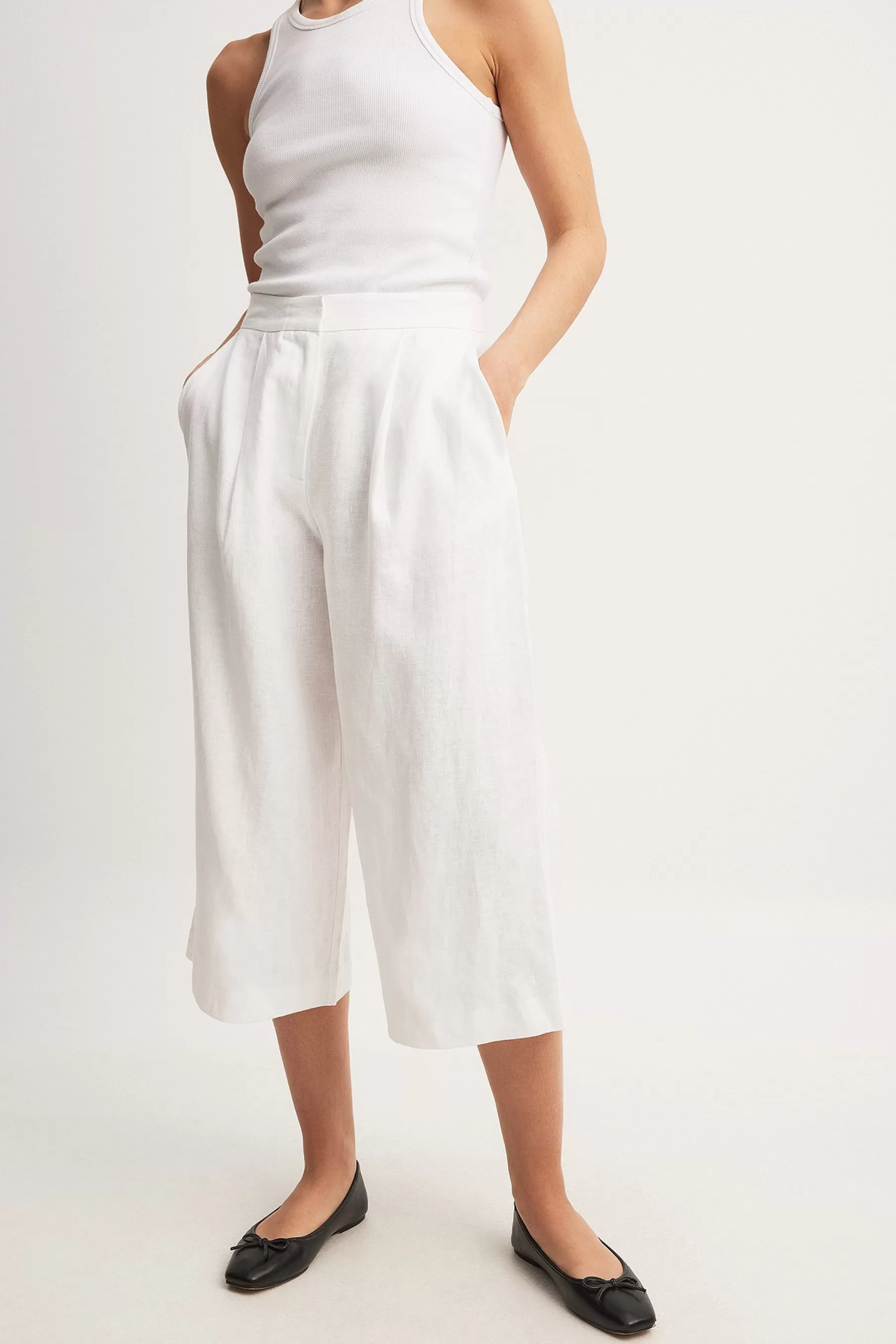 NA-KD Linen Wide High Waist Culottes White