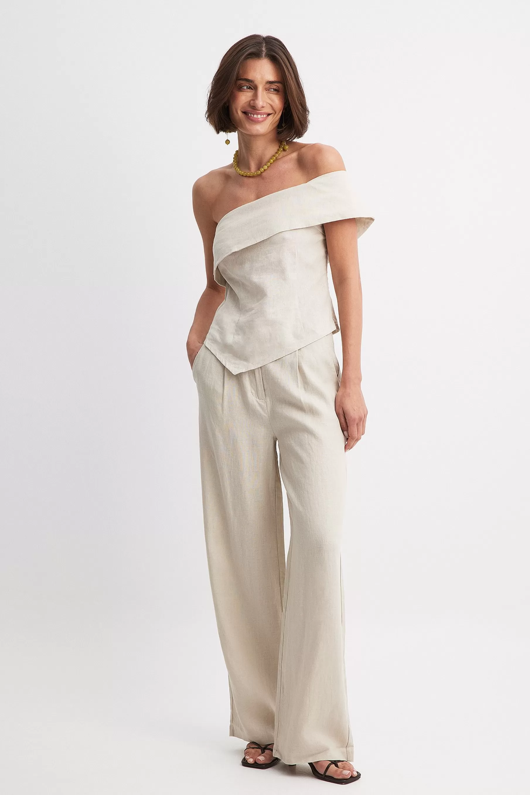 NA-KD Linen Wide Leg Pants Beige