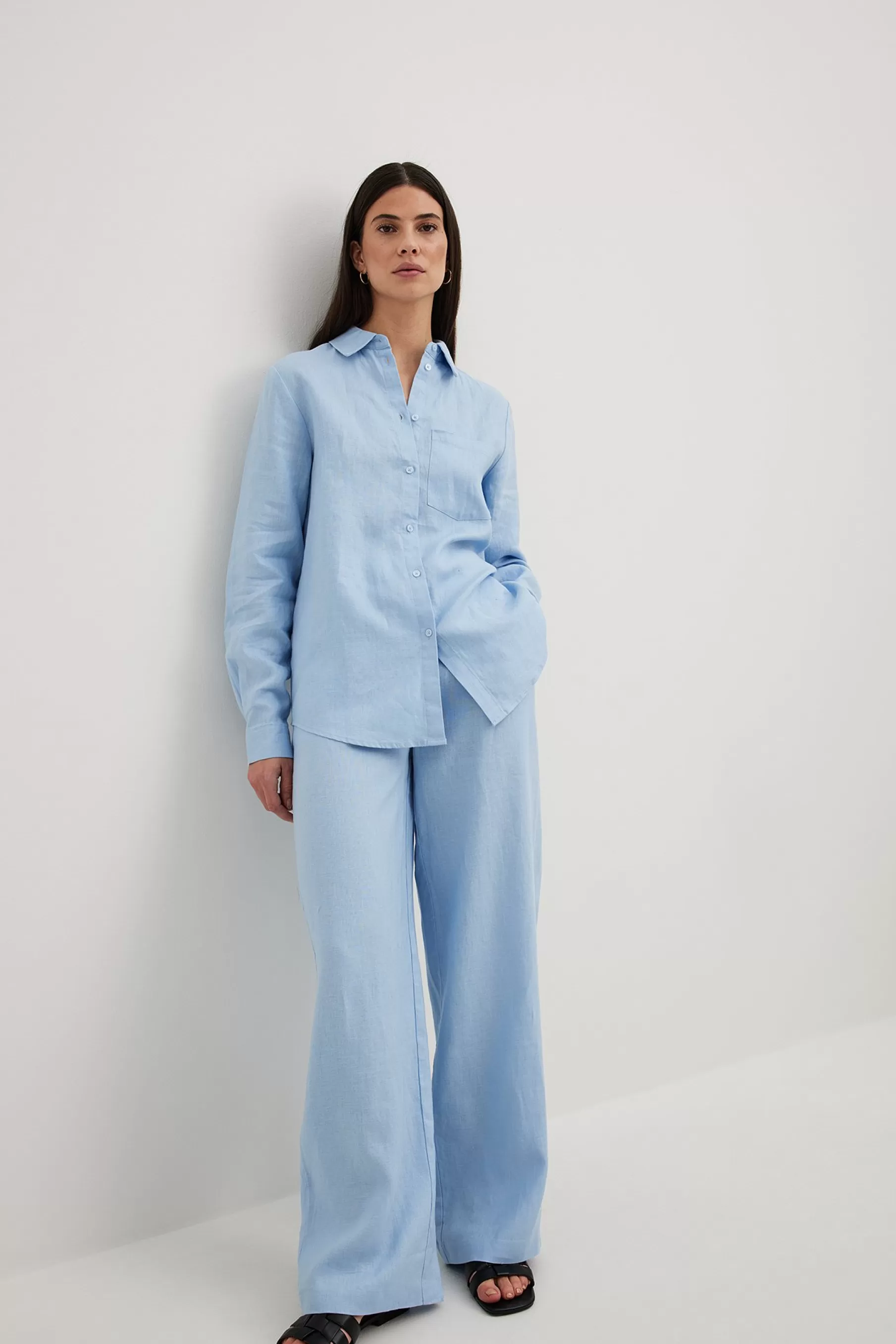 NA-KD Linen Wide Leg Pants Blue