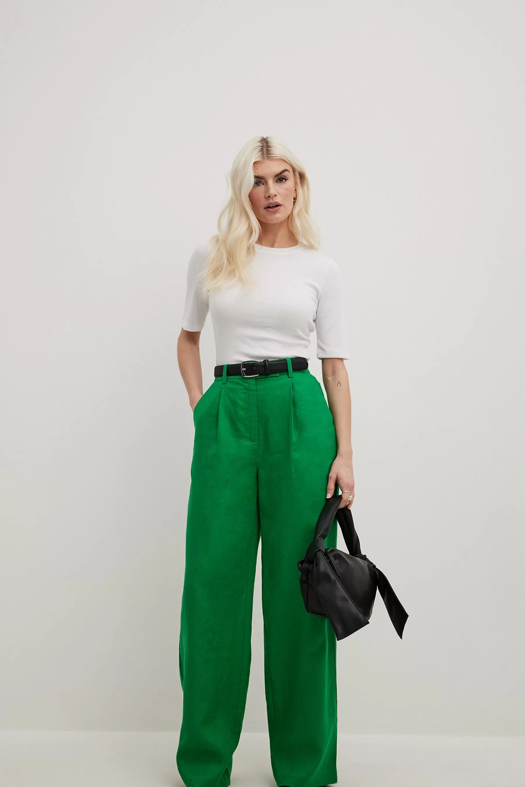 NA-KD Linen Wide Leg Pants Green