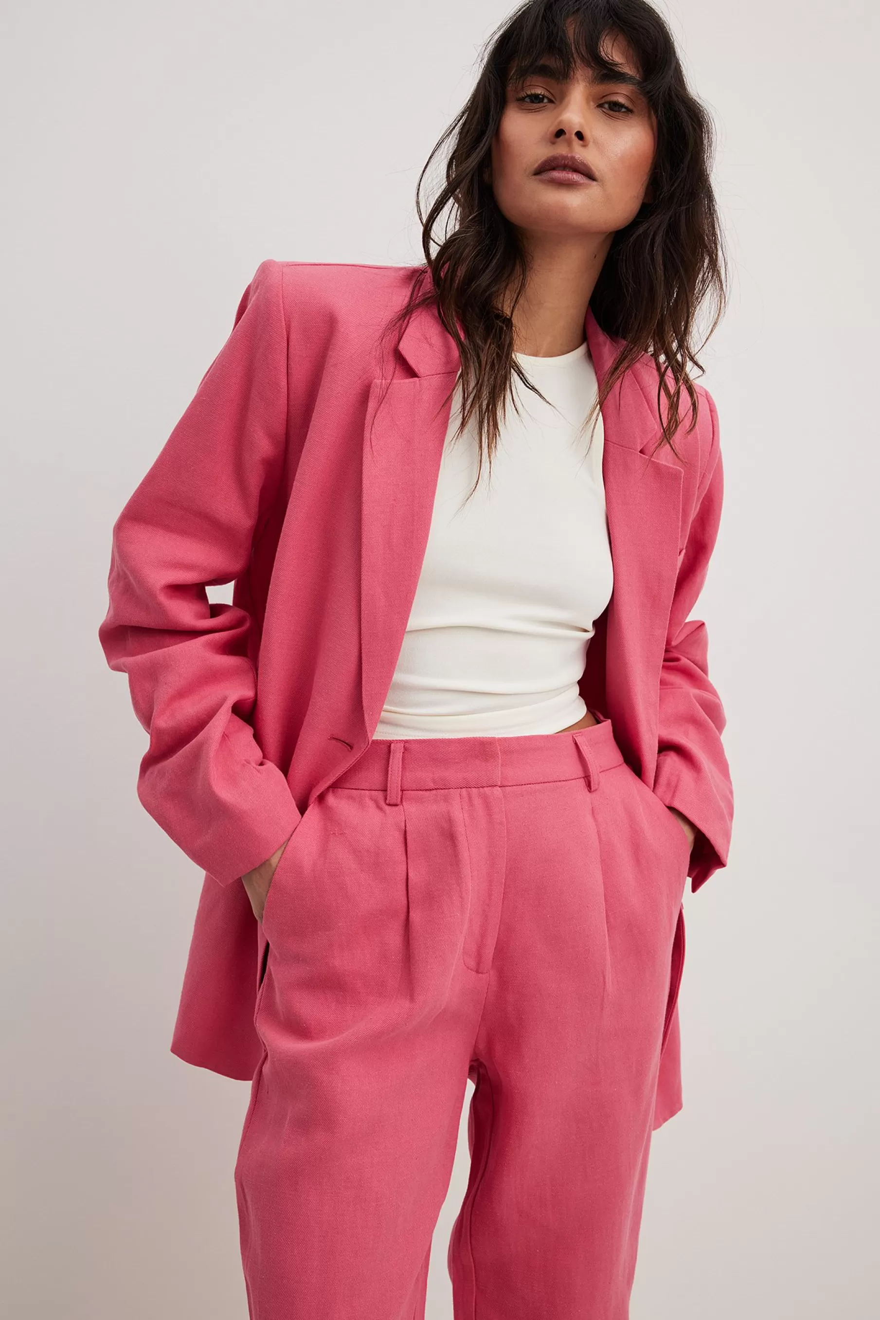 NA-KD Linen-Blend Oversized Blazer Pink