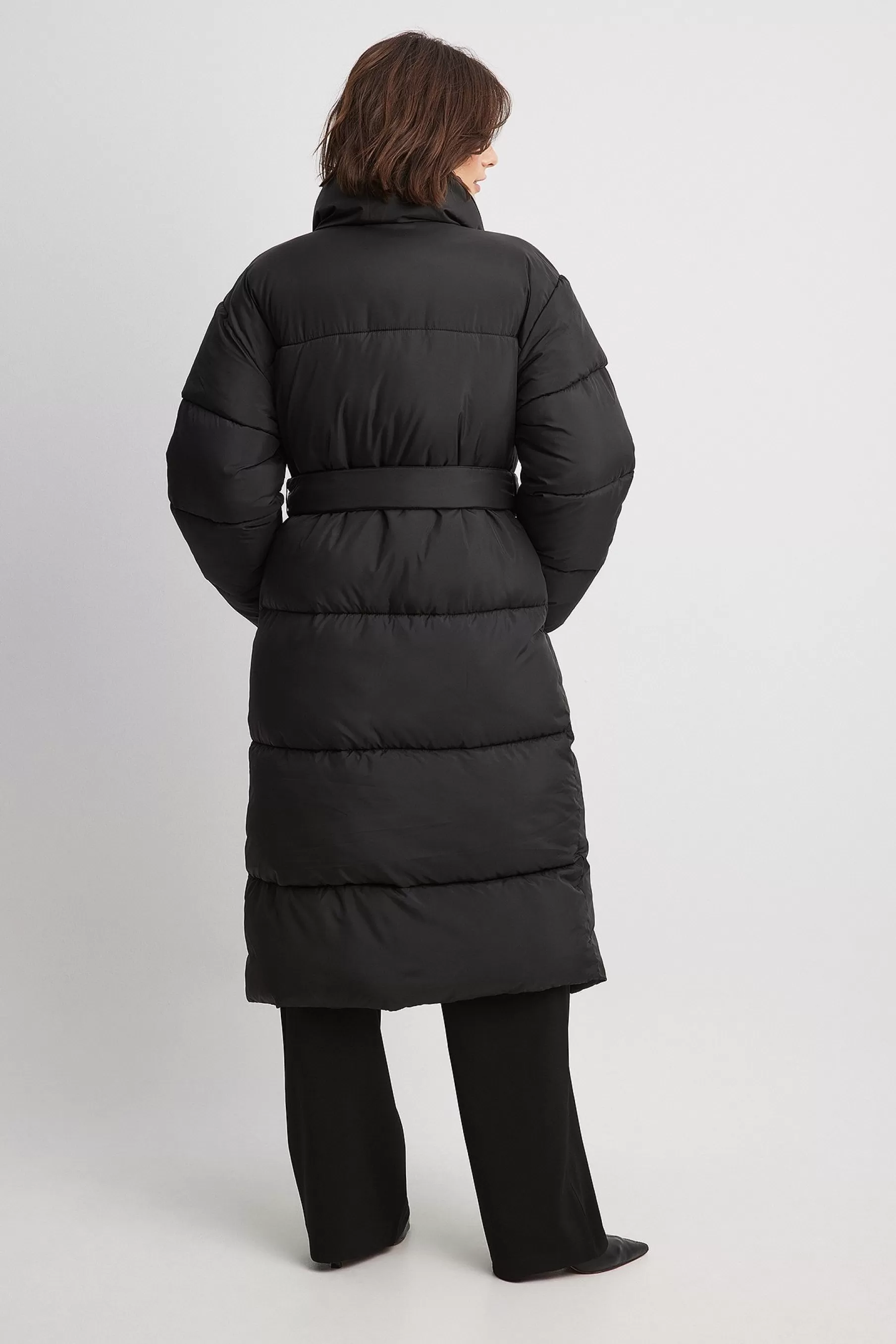 NA-KD Long Belted Padded Jacket Black