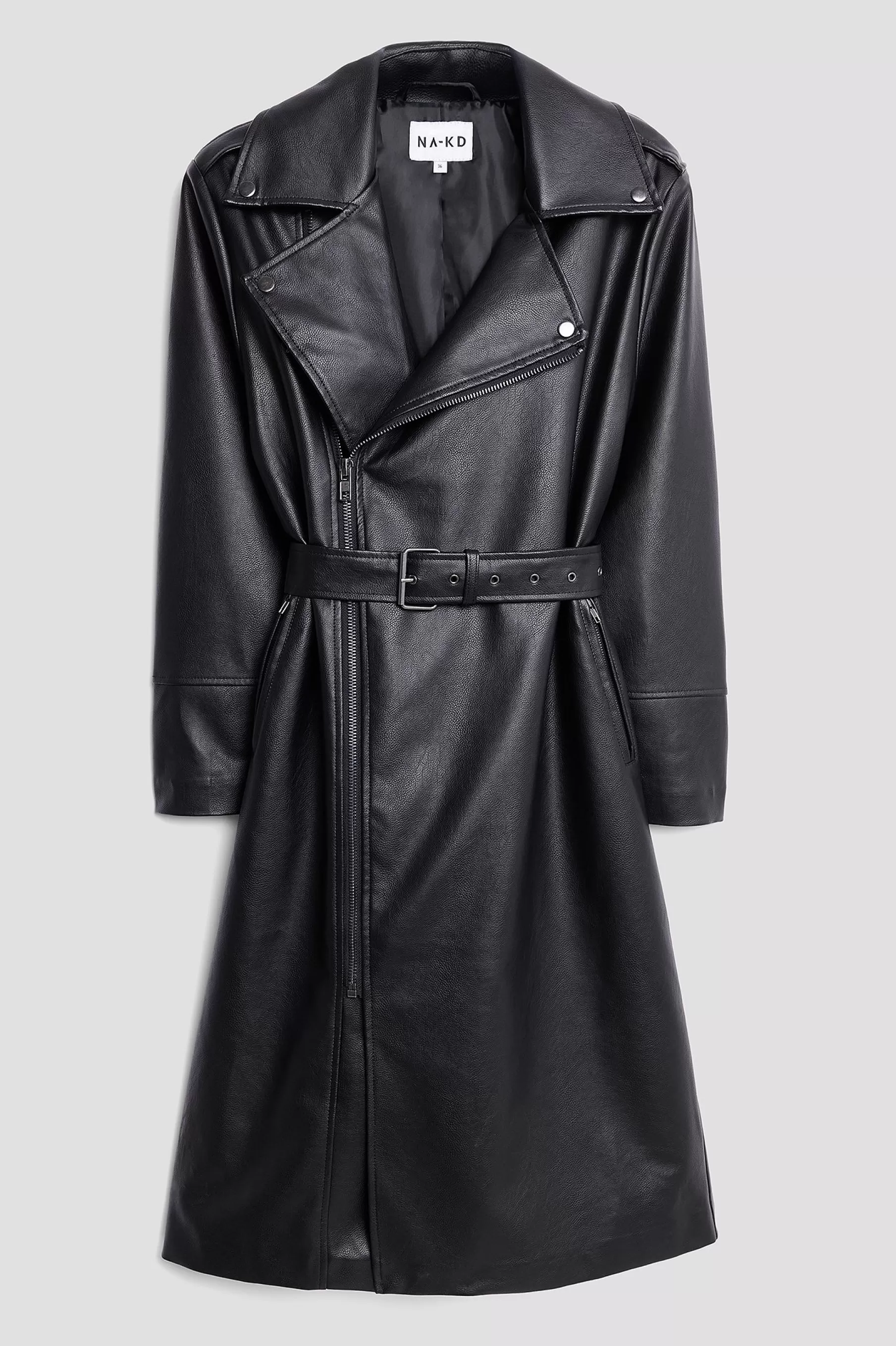 NA-KD Long Biker Pu Trenchcoat Black