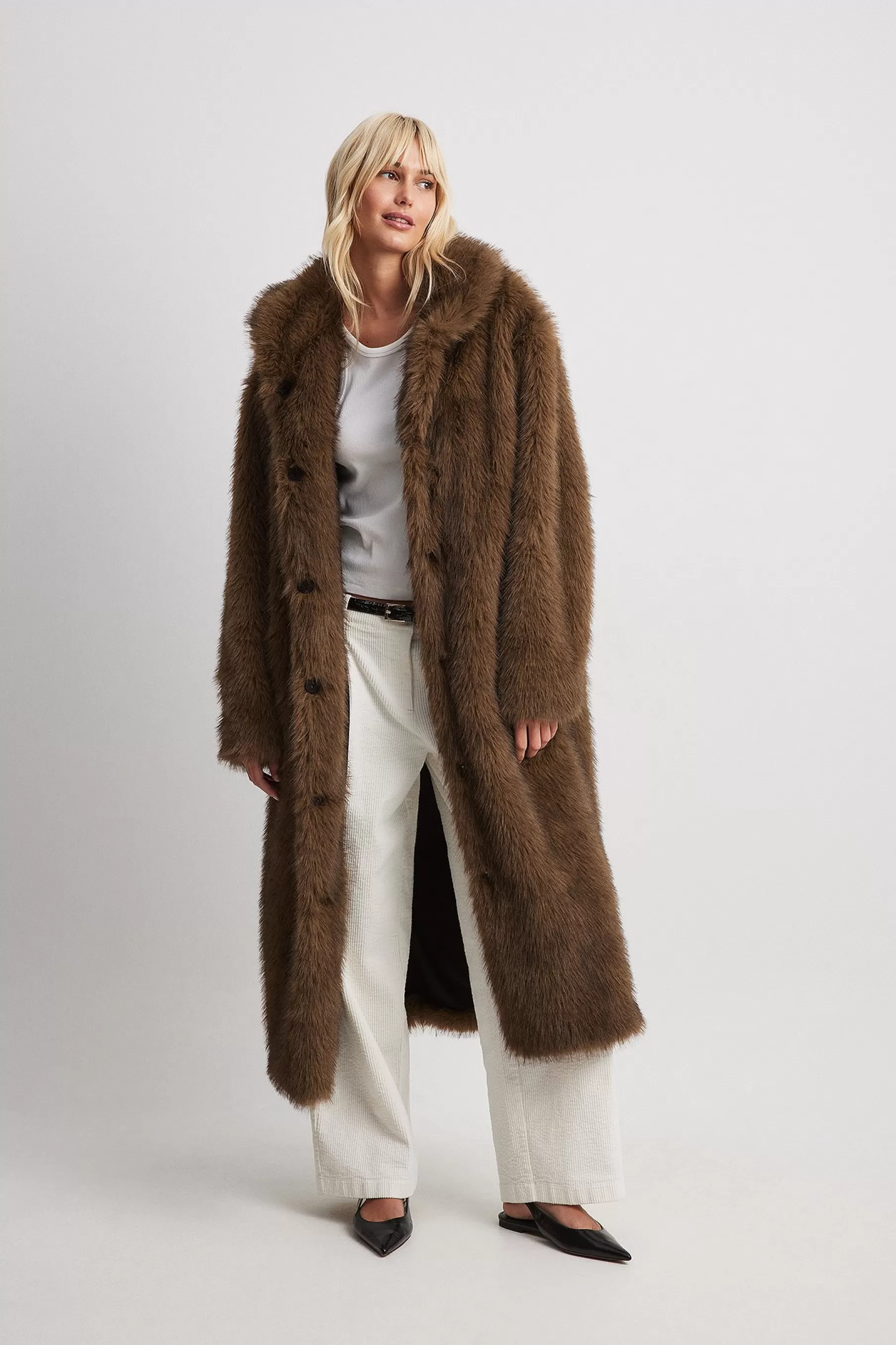 NA-KD Long Faux Fur Coat Brown