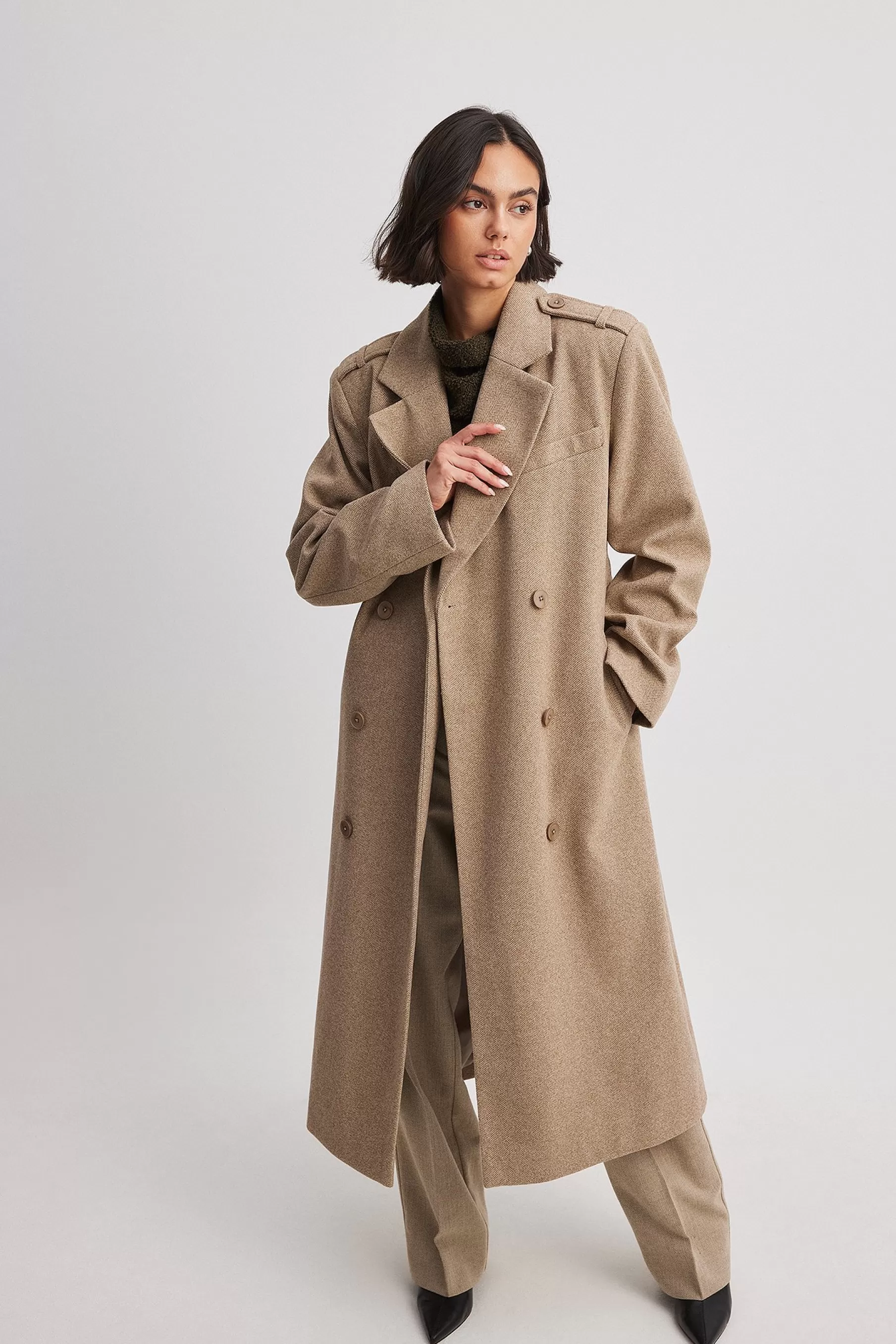 NA-KD Long Herringbone Trenchcoat Beige