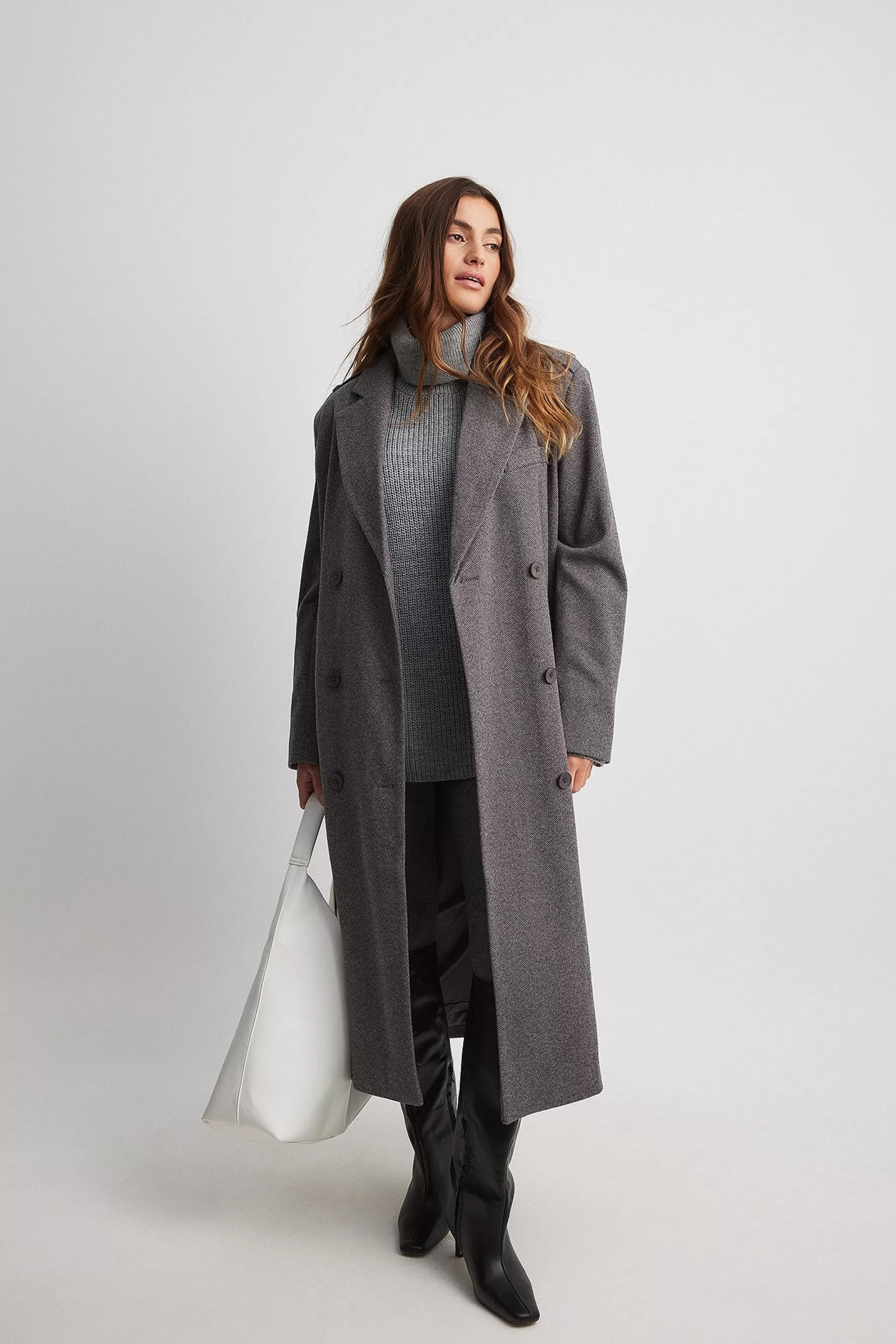 NA-KD Long Herringbone Trenchcoat Grey