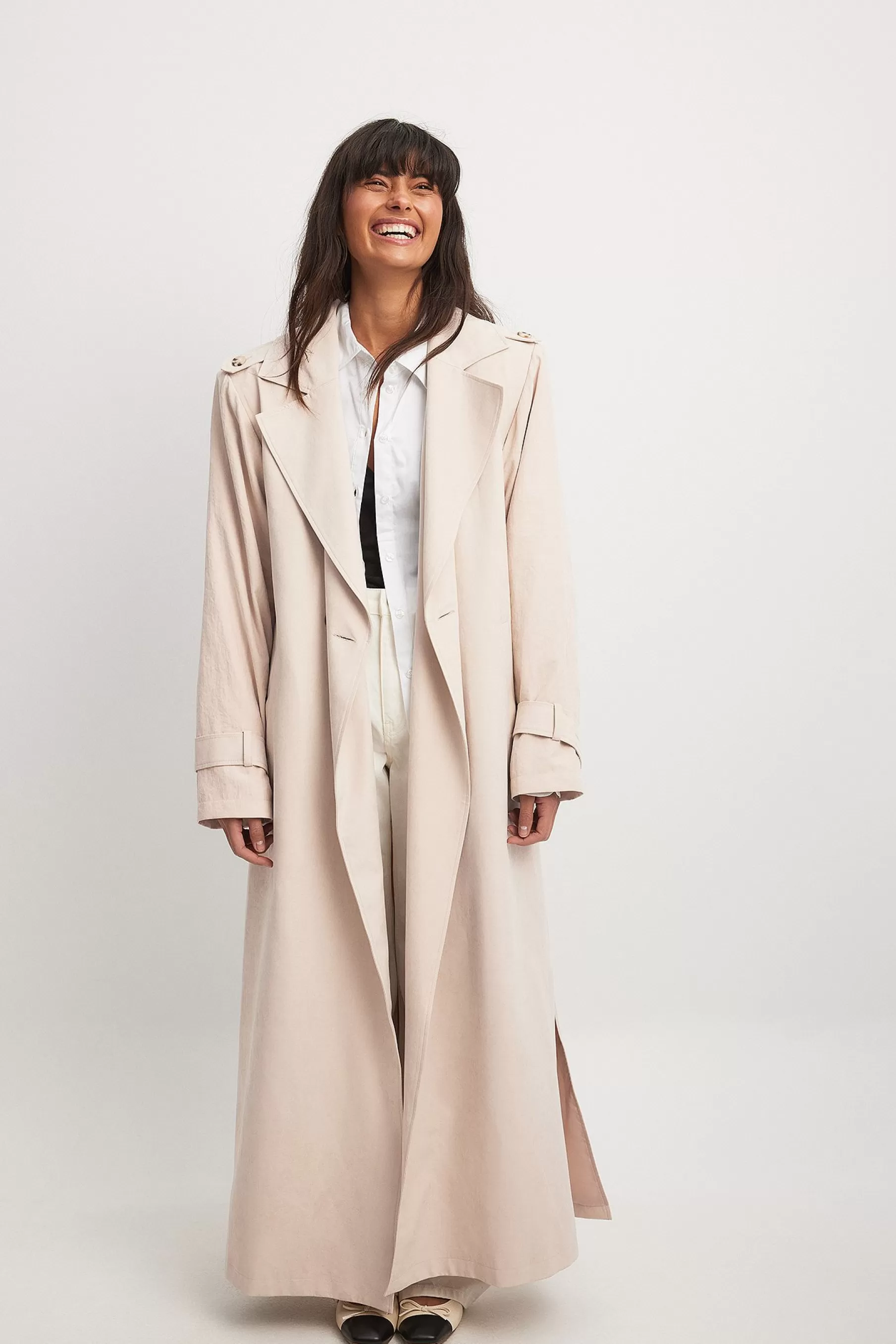 NA-KD Long Shoulder Pad Trenchcoat Beige