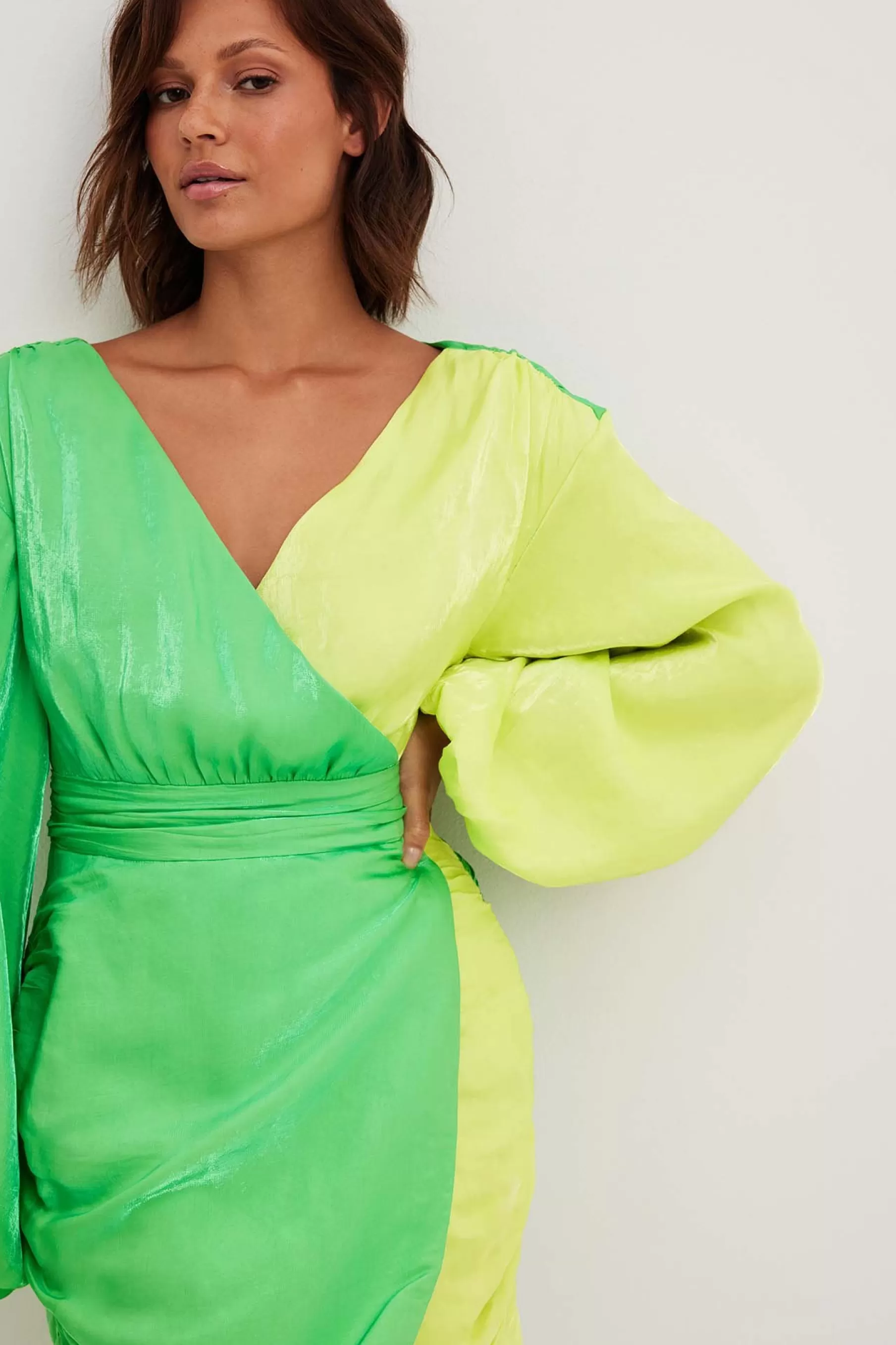 NA-KD Long Sleeve Draped Mini Dress Green