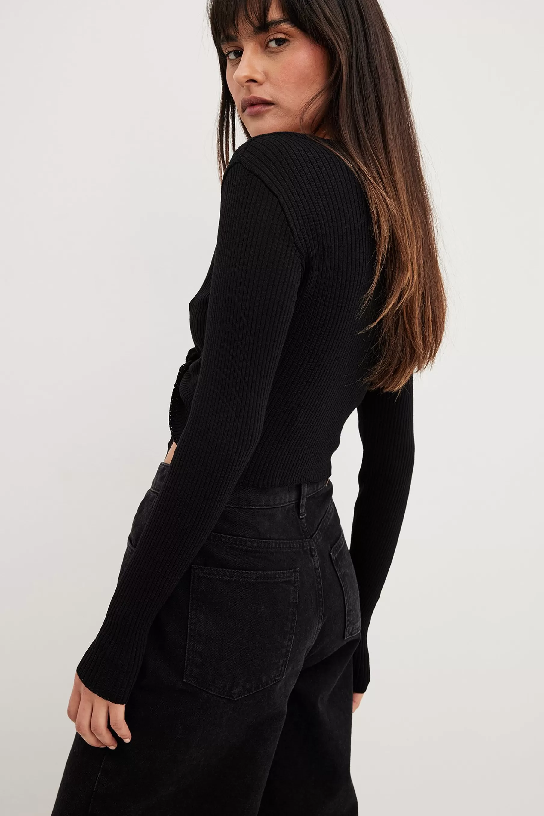 NA-KD Long Sleeve Tie Detail Top Black