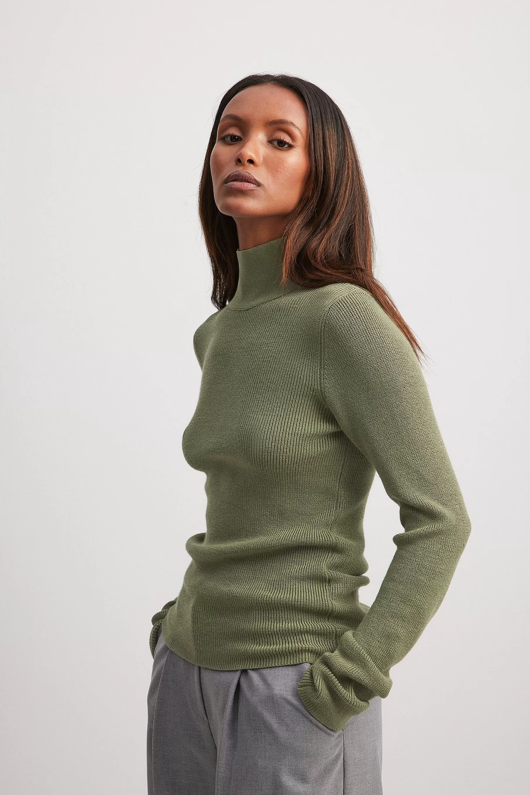 NA-KD Long Sleeve Turtleneck Ribbed Knitted Top Green