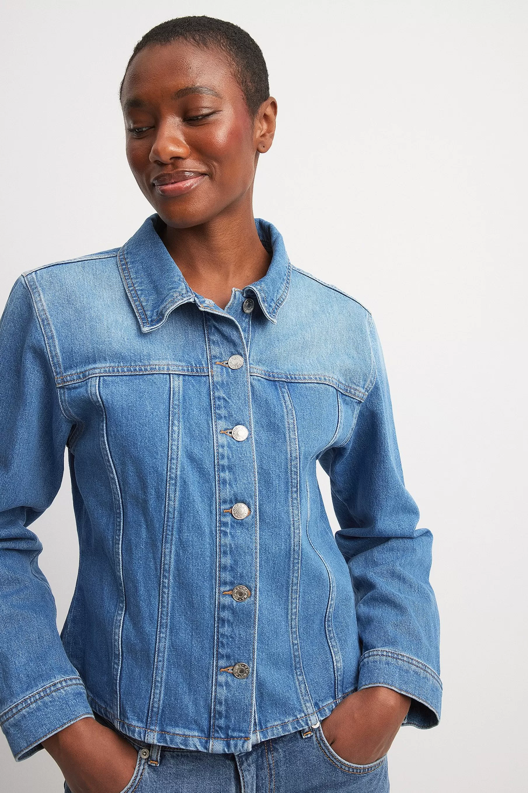 NA-KD Long Sleeved Fitted Denim Shirt Blue