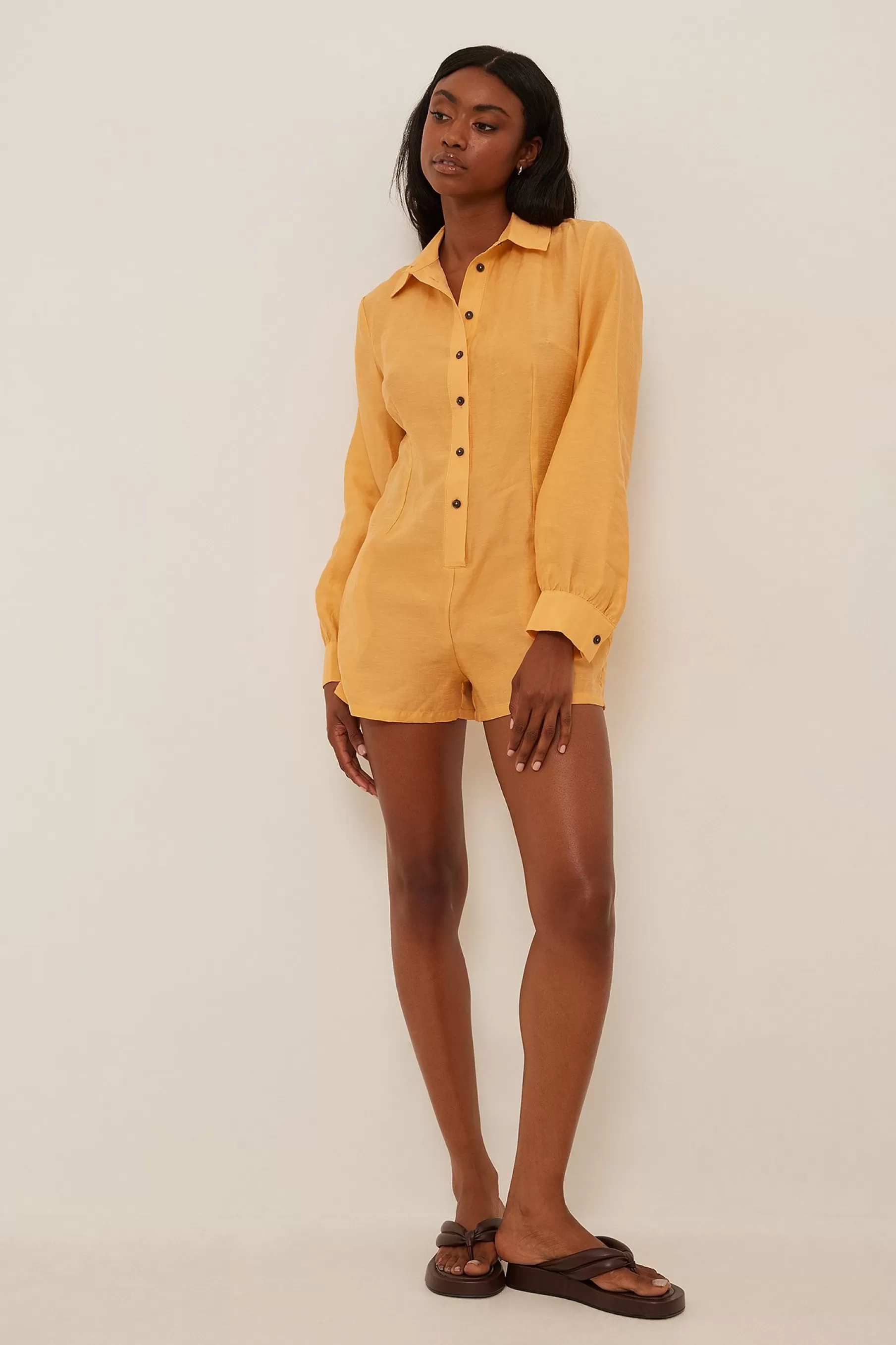 NA-KD Long Sleeved Linen-Blend Playsuit Orange