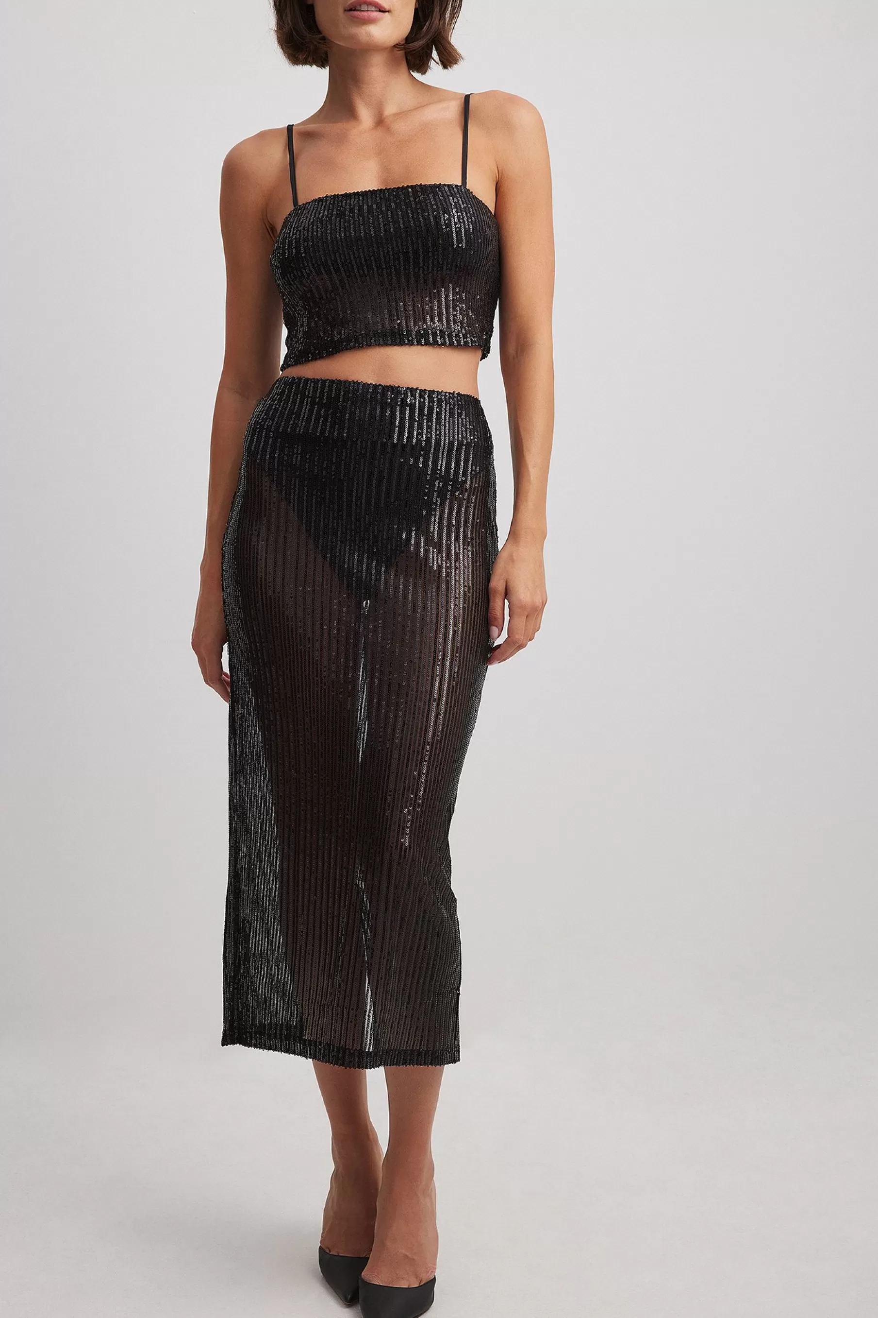 NA-KD Long Slit Sequin Skirt Black