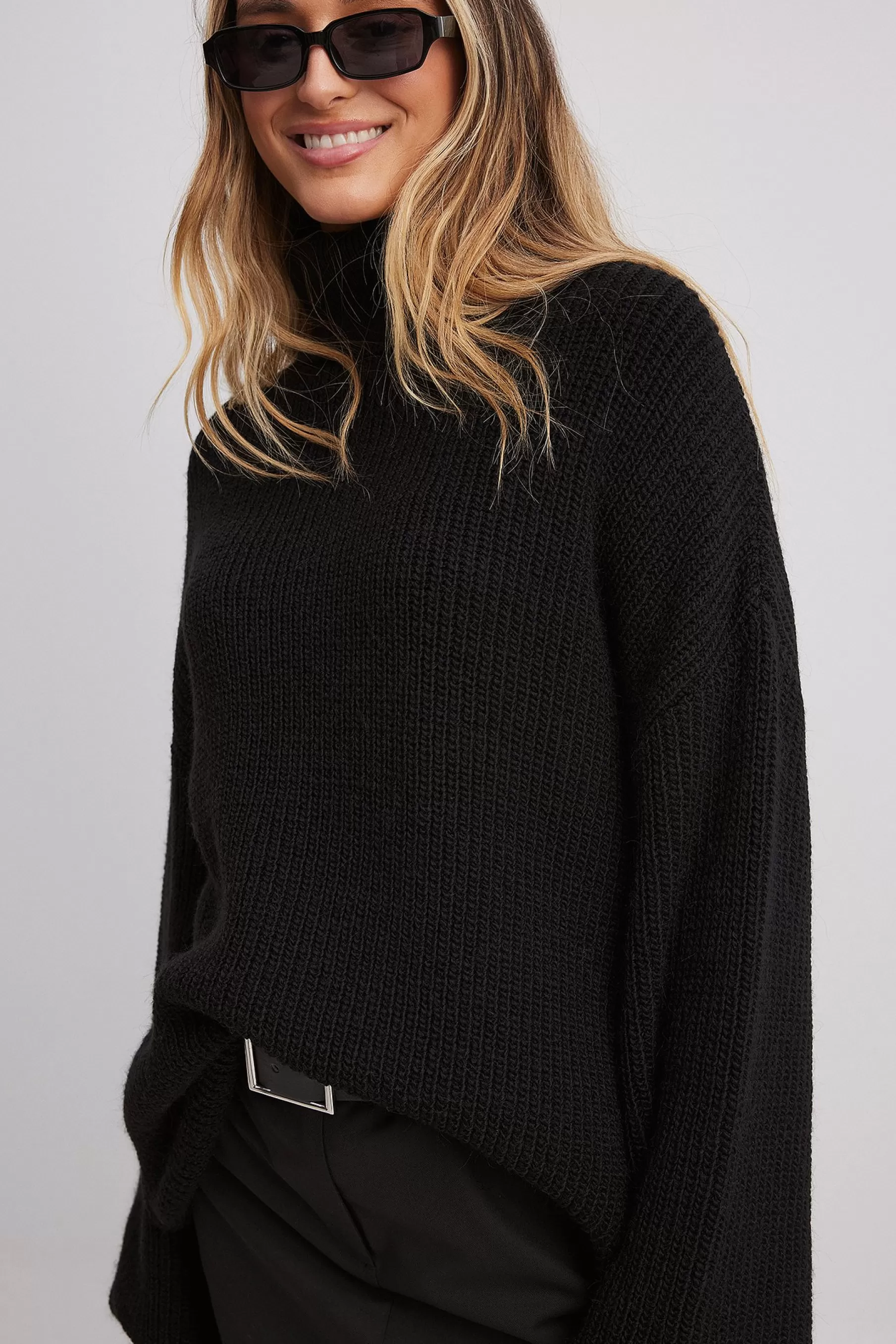 NA-KD Long Turtle Neck Knitted Sweater Black