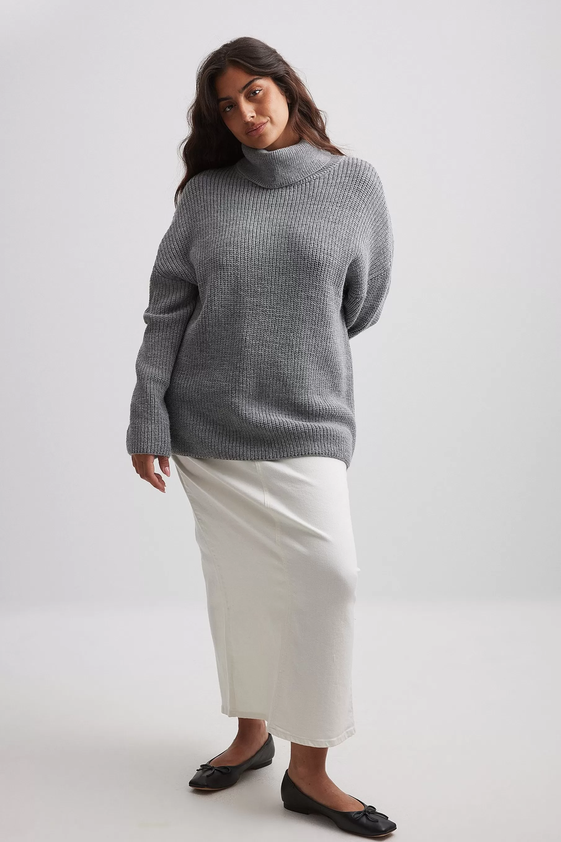 NA-KD Long Turtle Neck Knitted Sweater Grey