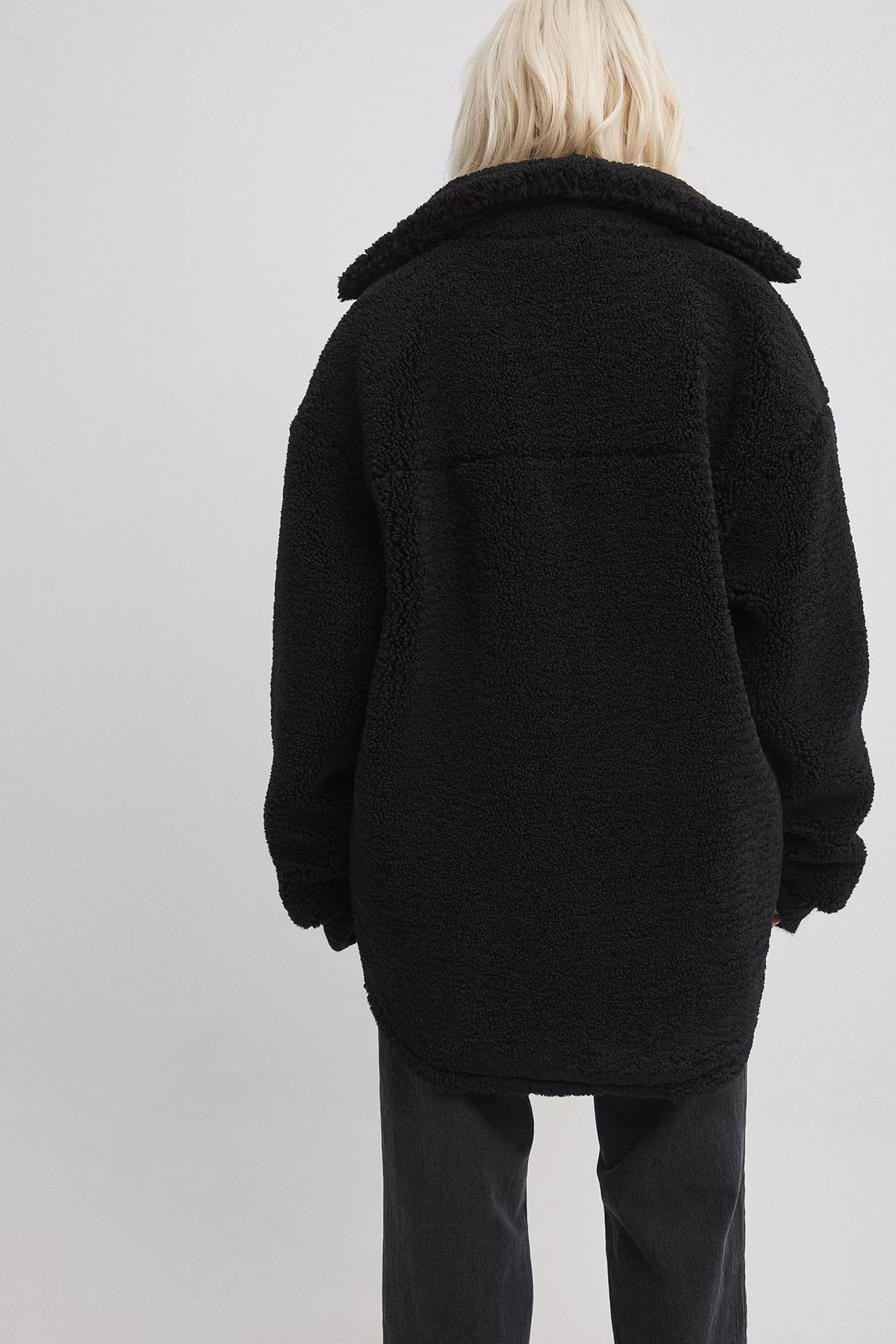 NA-KD Long Zipped Teddy Jacket Black