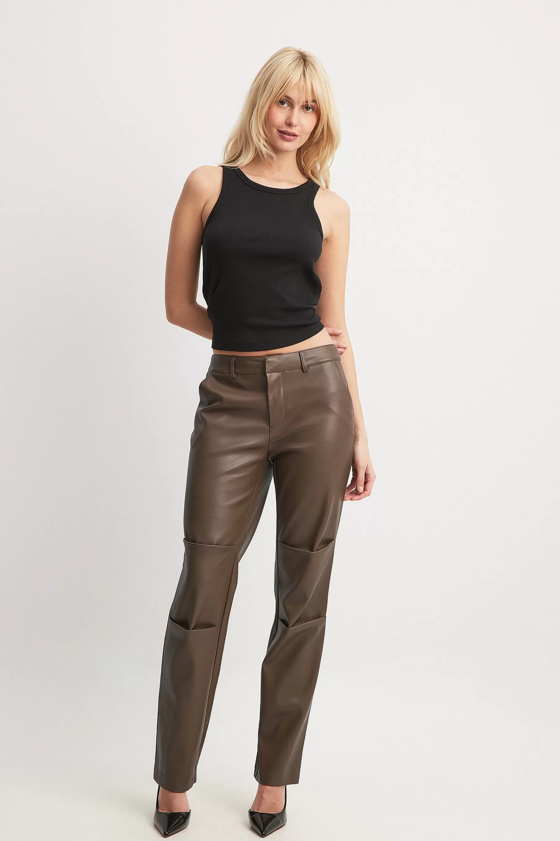 NA-KD Low Waist PU Trousers Brown