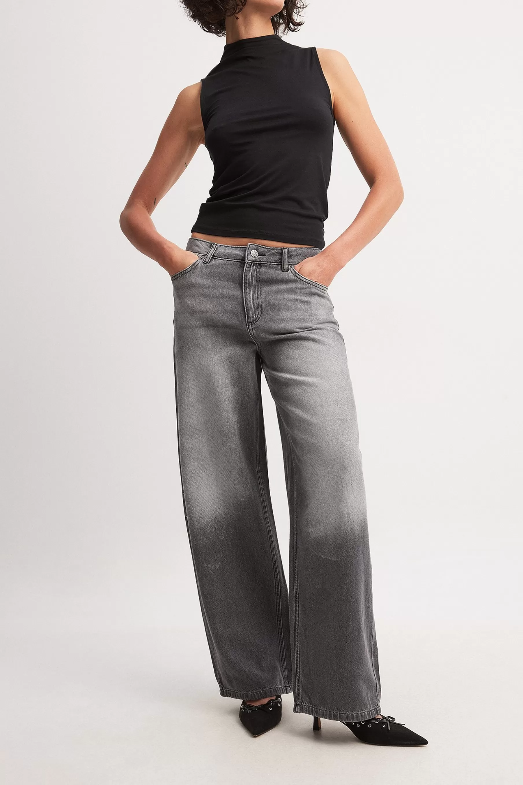 NA-KD Low Waist Wide Leg Jeans Grey