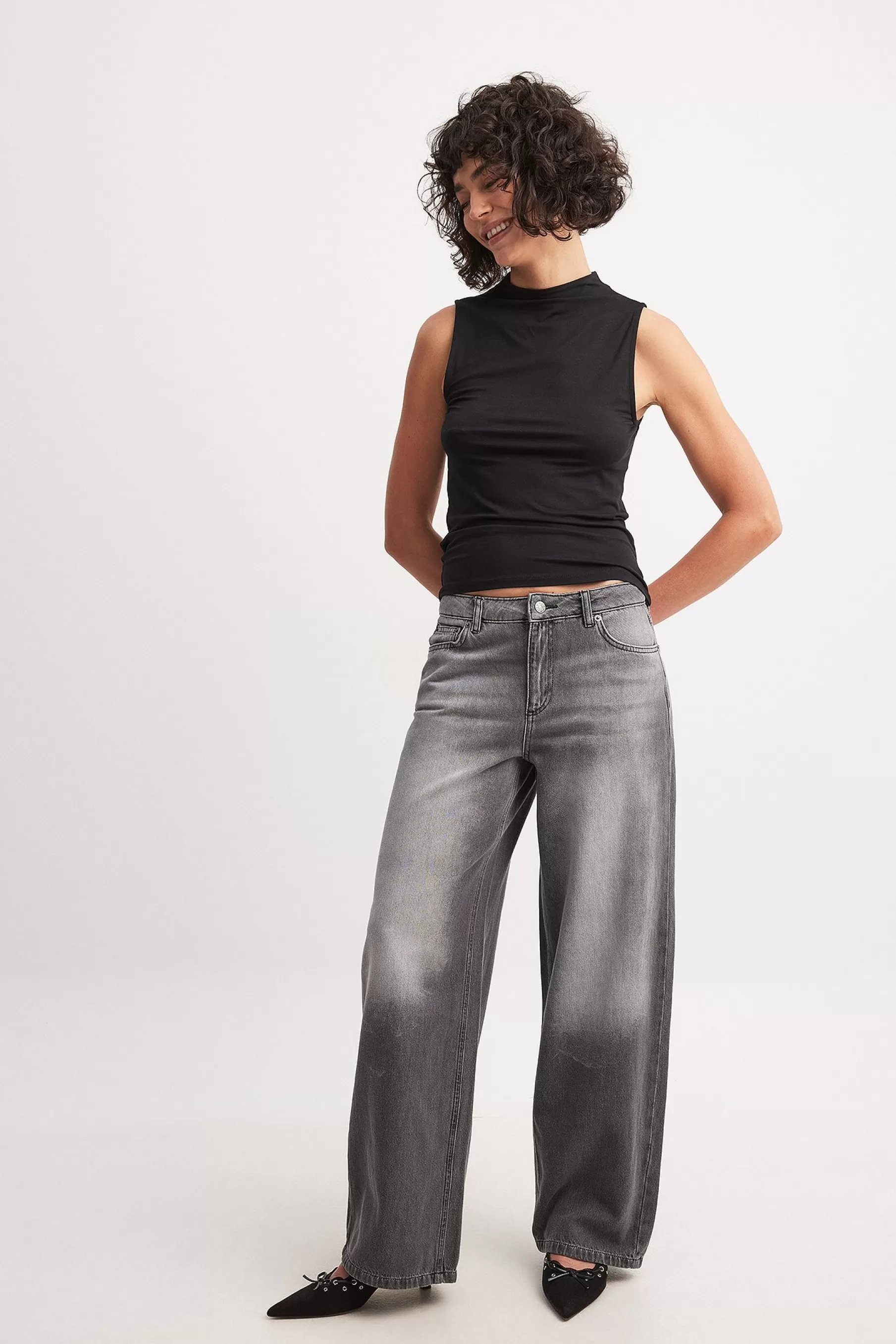 NA-KD Low Waist Wide Leg Jeans Grey