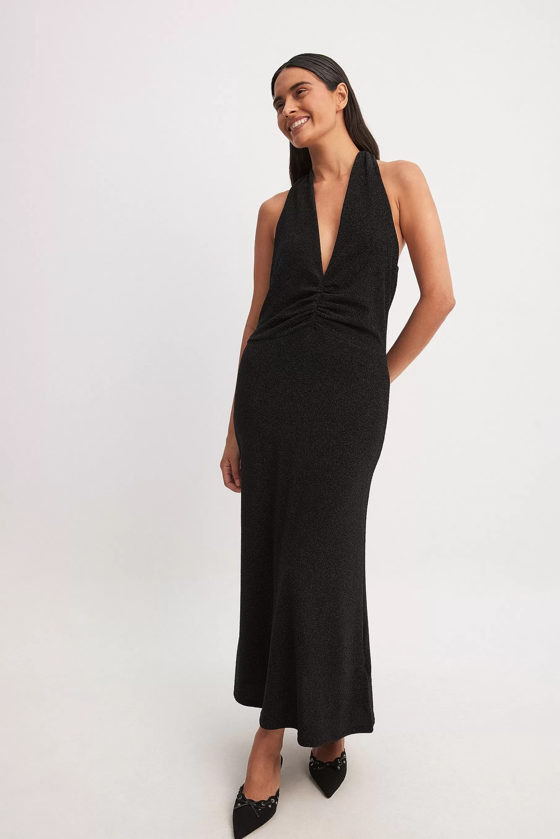 NA-KD Lurex Halterneck Midi Dress Black