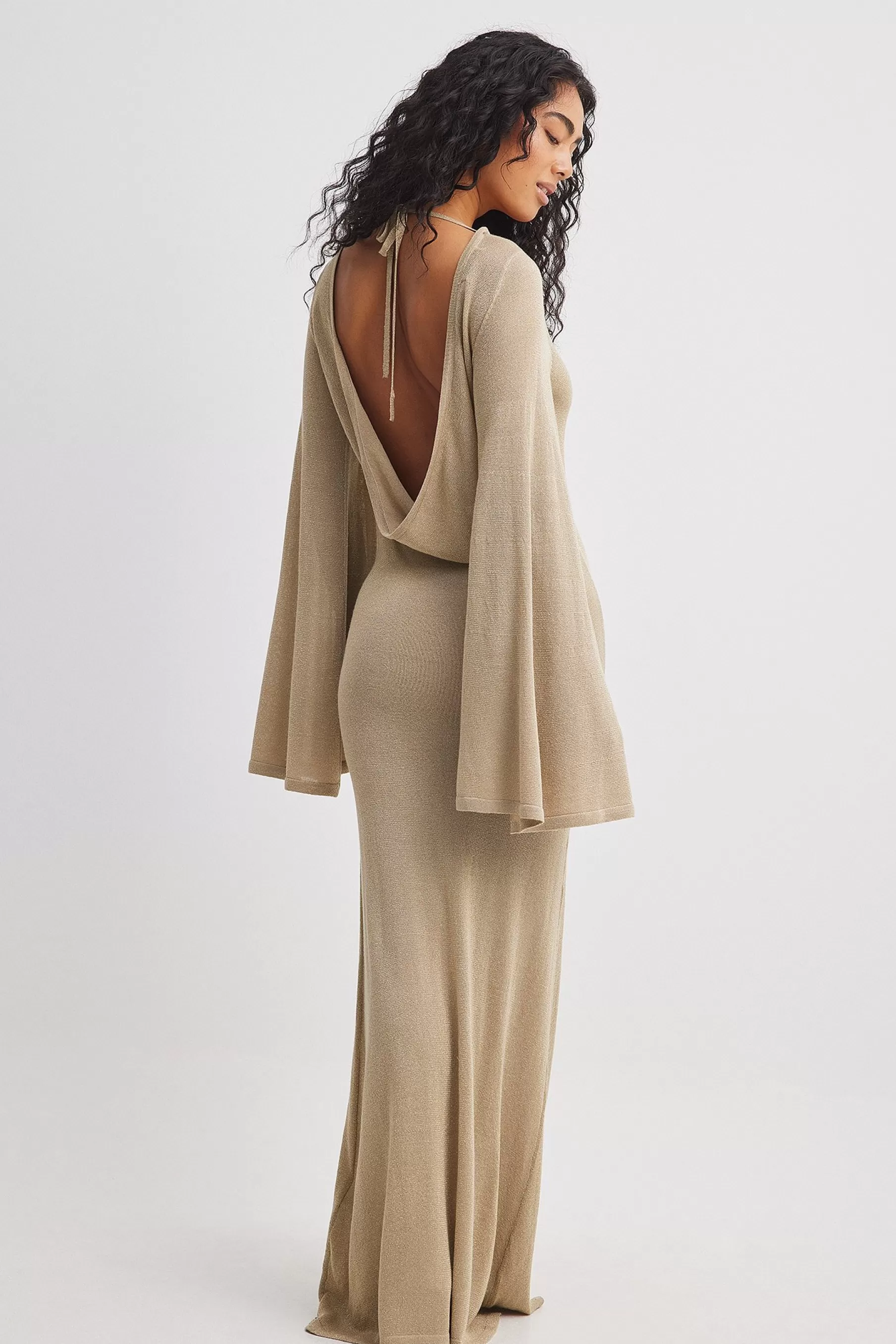 NA-KD Lurex Knit Maxi Dress Beige