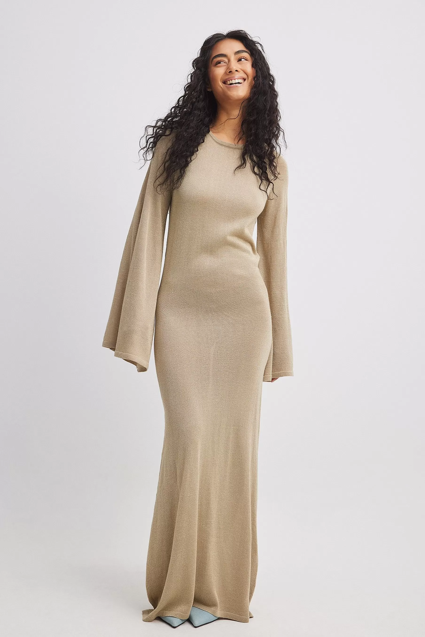 NA-KD Lurex Knit Maxi Dress Beige