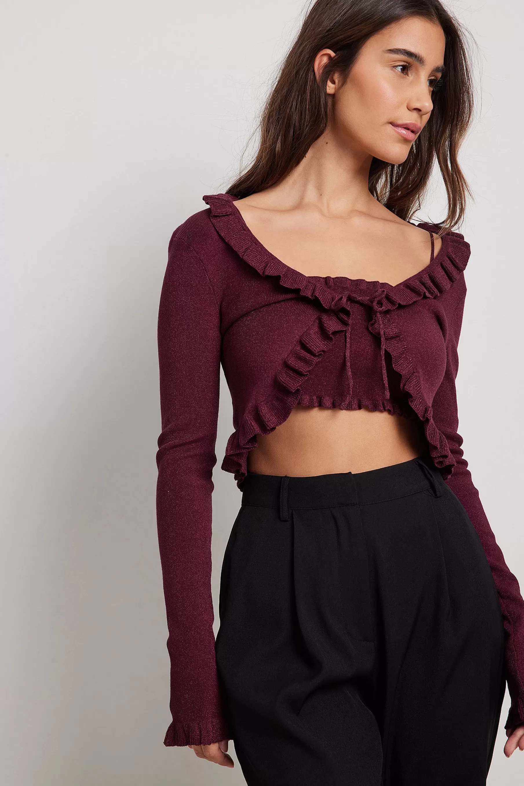 NA-KD Lurex Knitted Frill Cardigan Purple